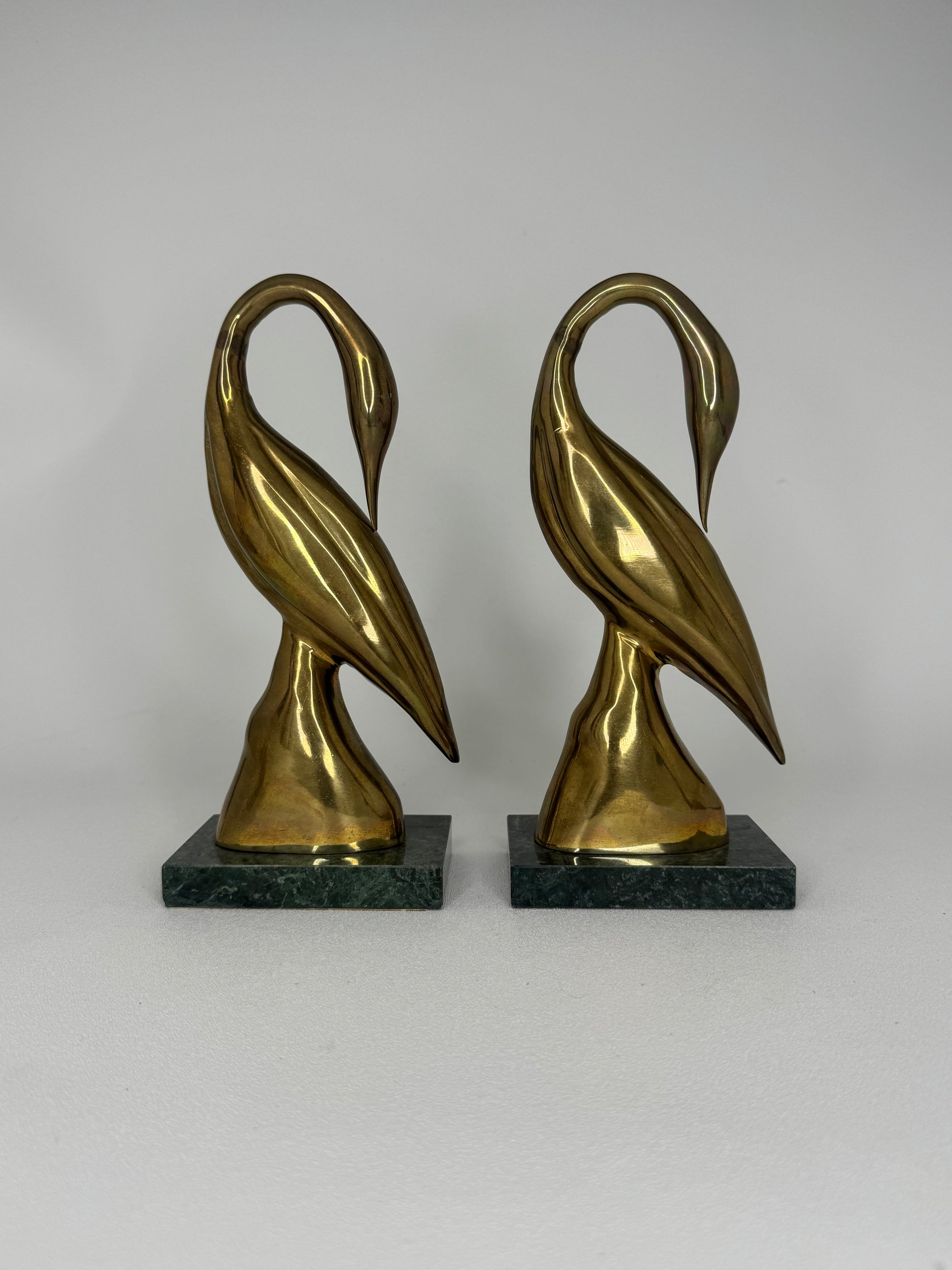 Vintage Brass Crane Pair on Marble Base