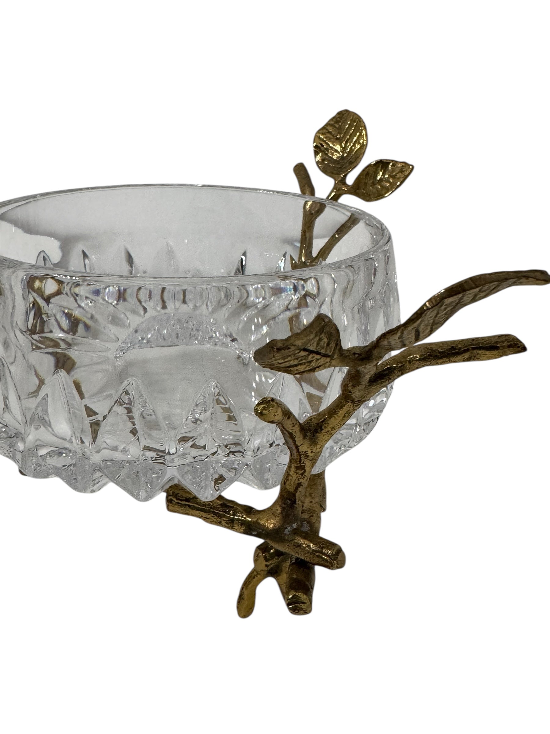 Vintage Cut Crystal Bowl with Ornate Brass Branch &amp; Leaf Stand – Mid-Century Elegance