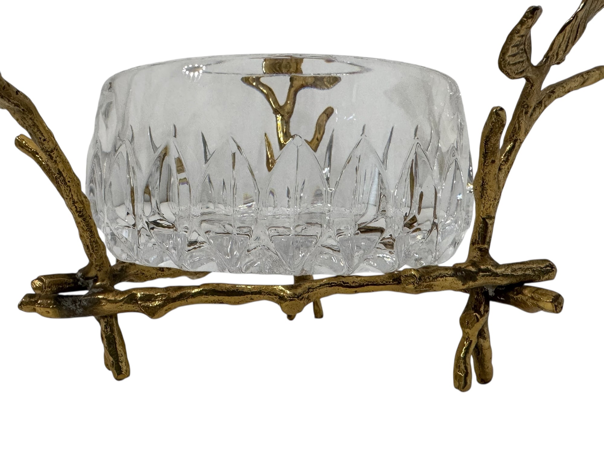 Vintage Cut Crystal Bowl with Ornate Brass Branch &amp; Leaf Stand – Mid-Century Elegance