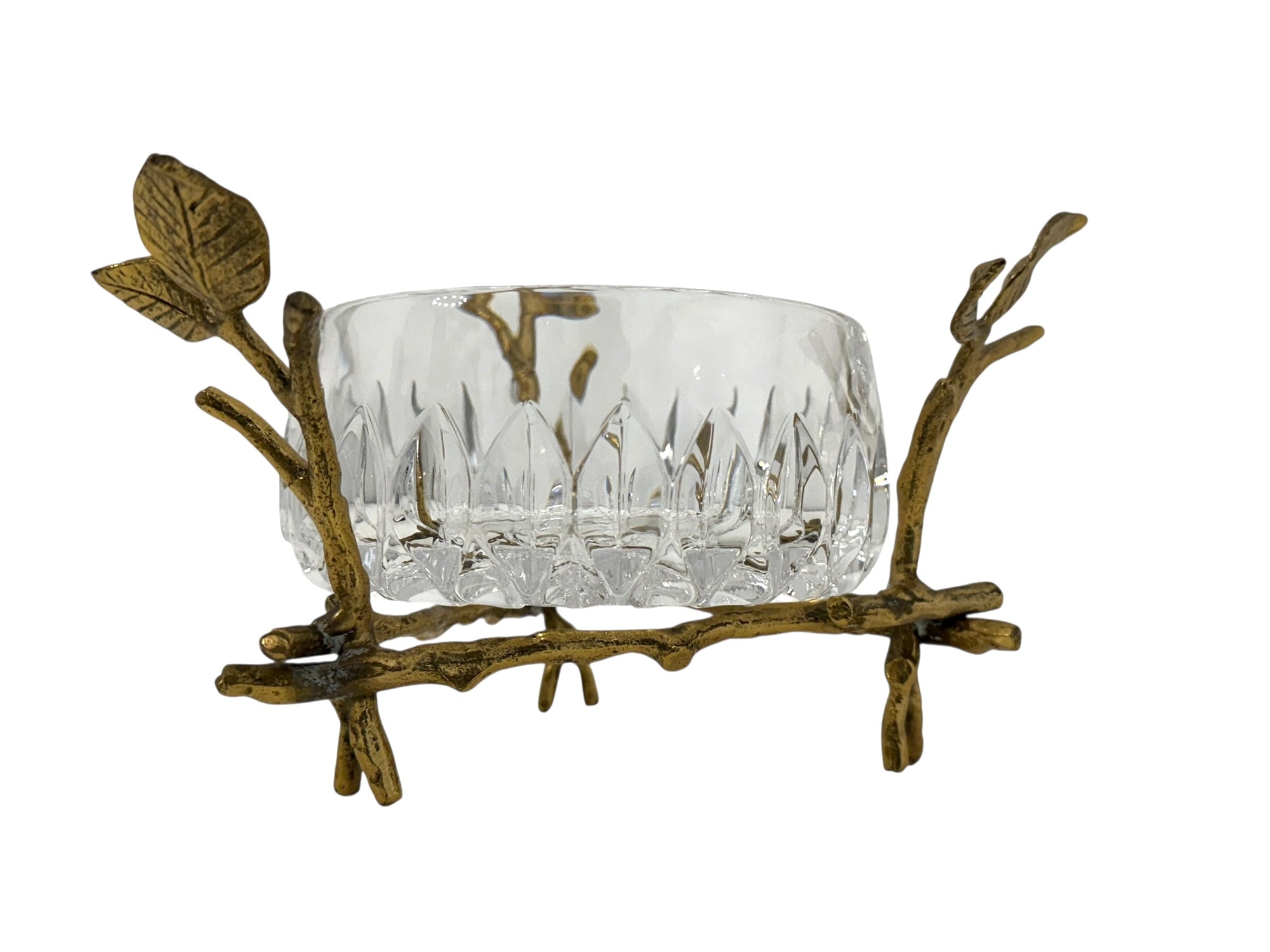 Vintage Cut Crystal Bowl with Ornate Brass Branch &amp; Leaf Stand – Mid-Century Elegance
