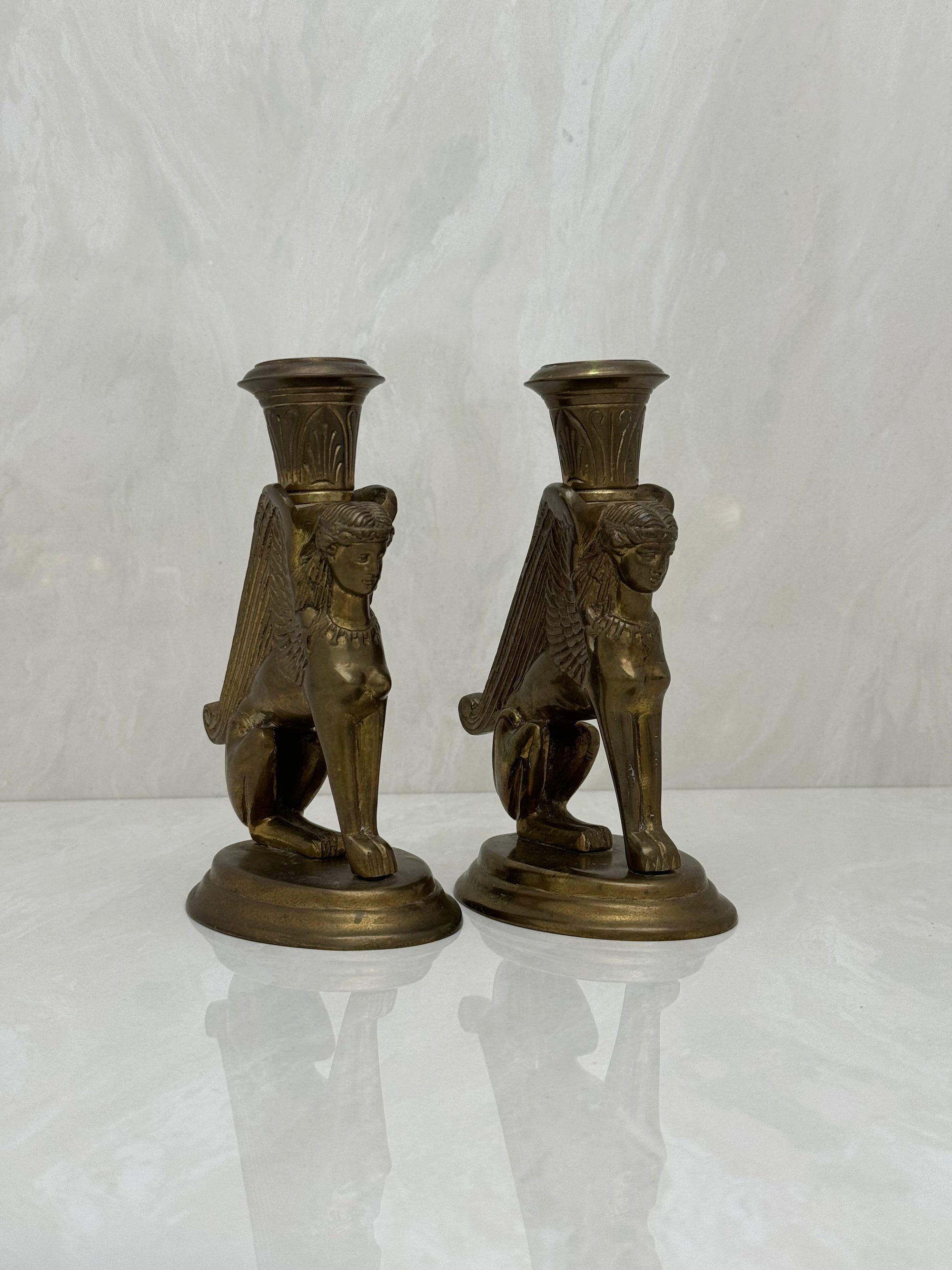 Vintage Brass Winged Sphinx Candleholders-A Pair