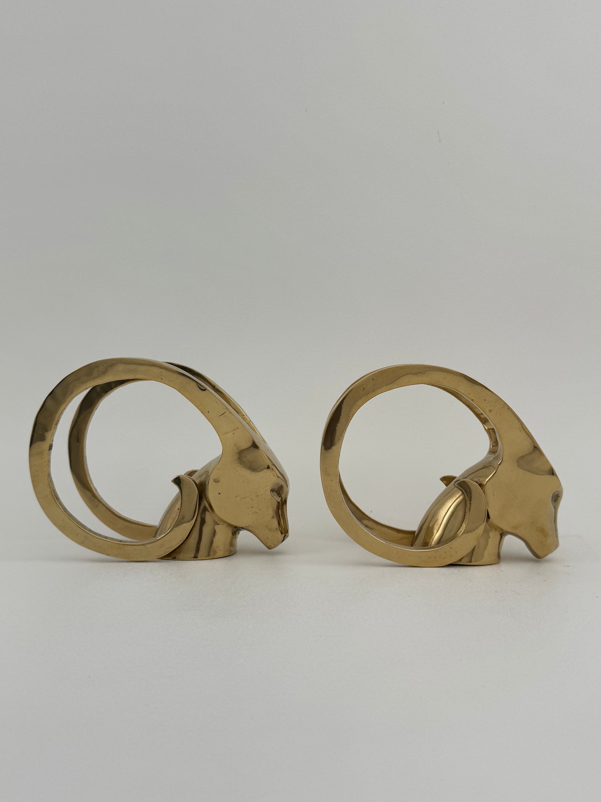 Vintage Brass Rams with Curled Horns-A Pair