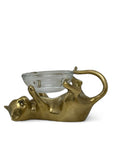 Vintage Brass Cat With Glass Candleholder