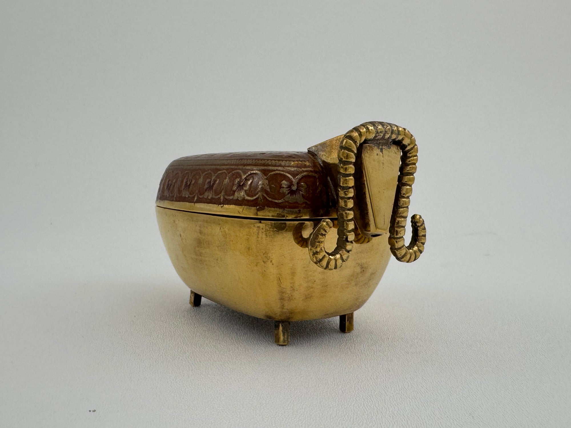Vintage Brass Goat Trinket Dish With Enameled Etchings