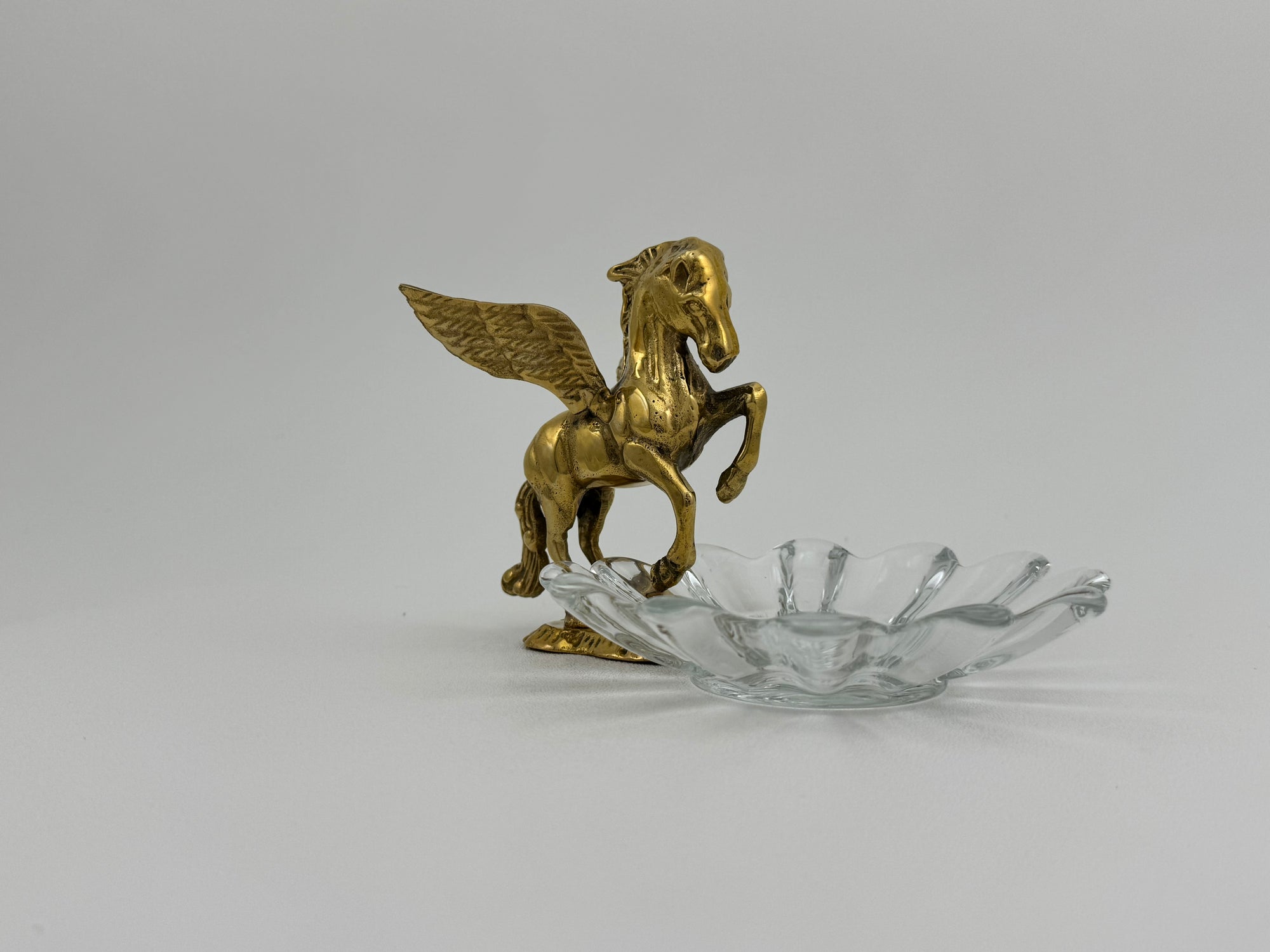 Vintage Brass Pegasus With Glass Trinket Dish- A Set