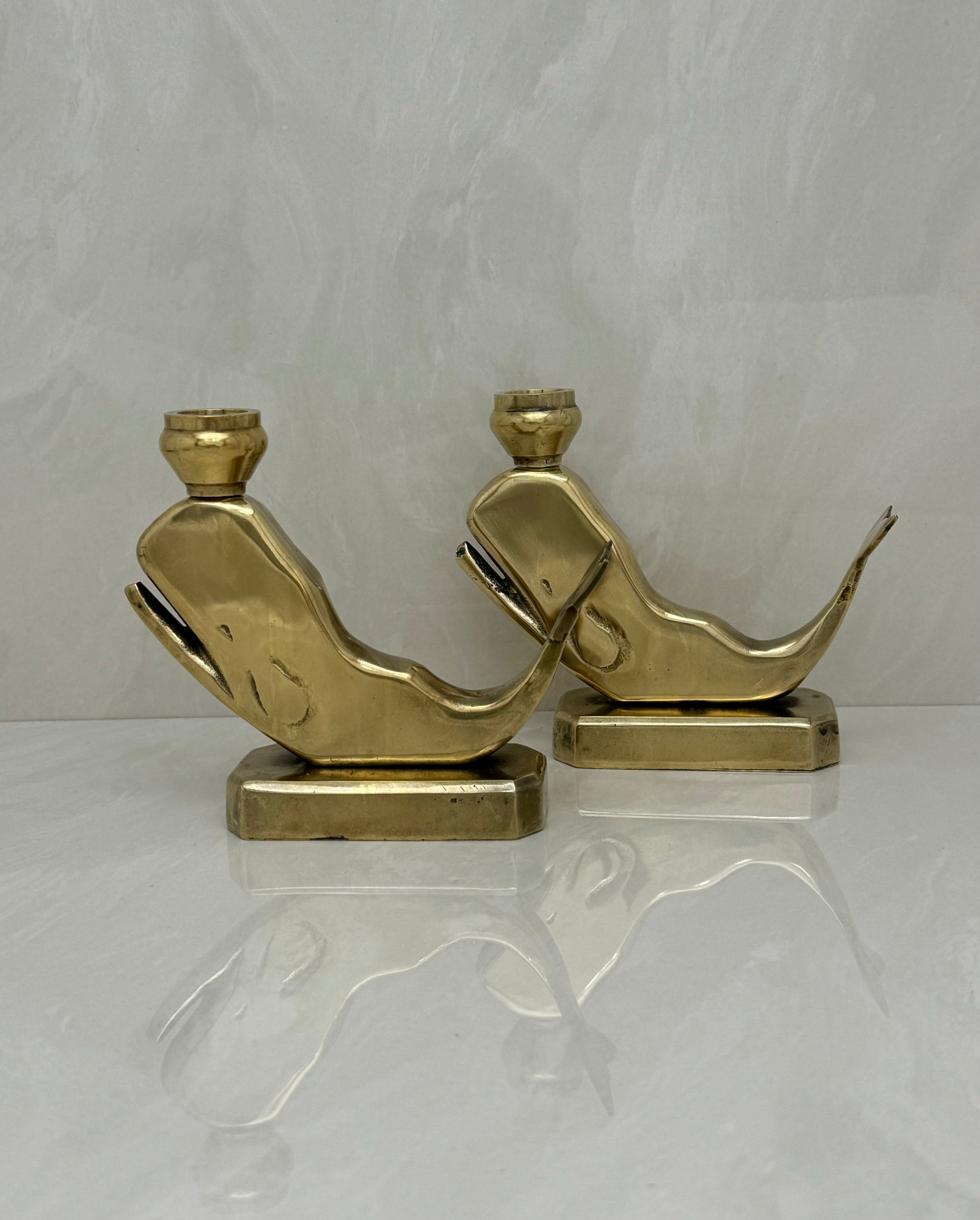 Vintage Brass Whale Candleholders