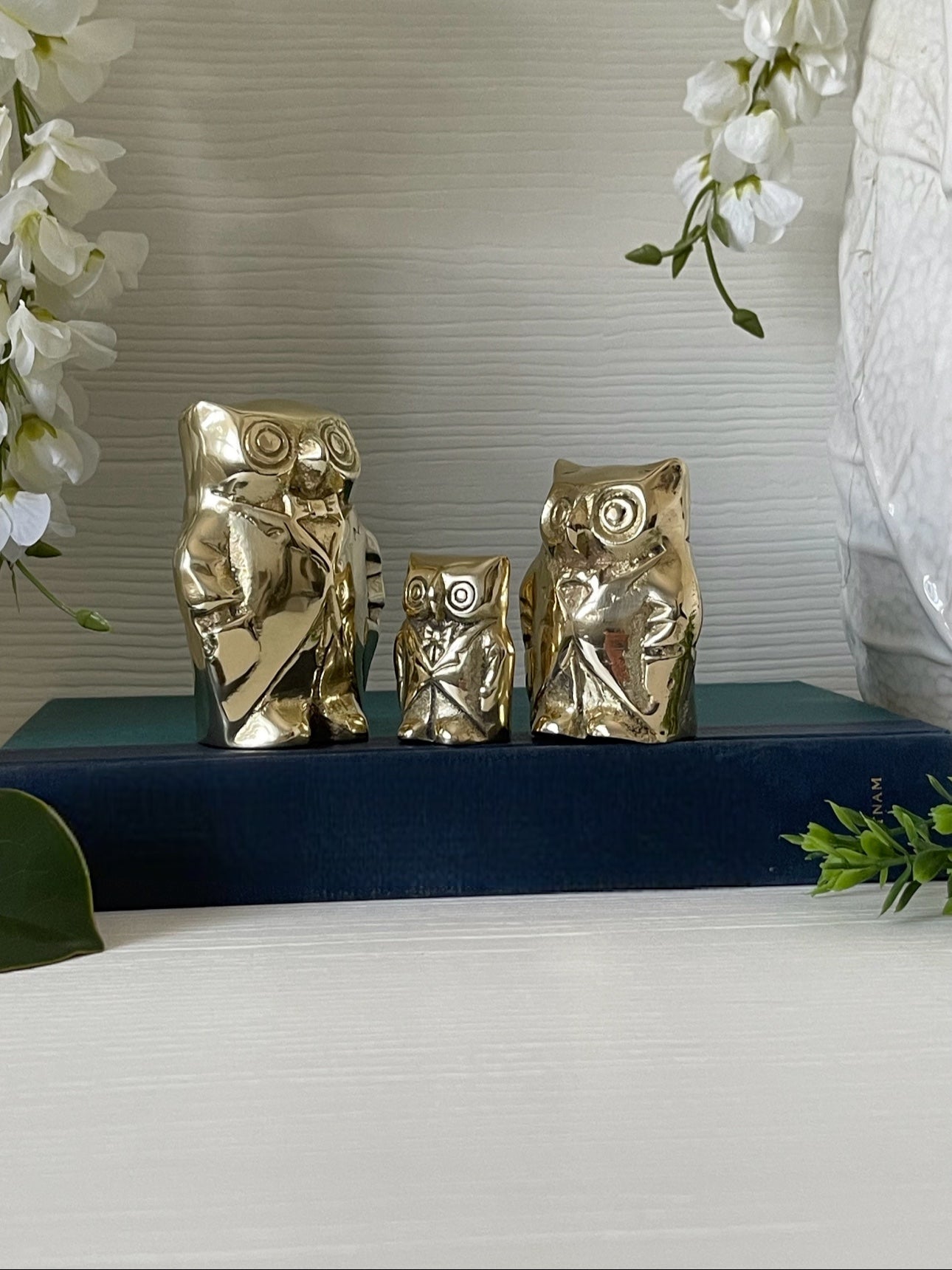 Small Charming Vintage Brass Owl Trio in Retro Tuxedos