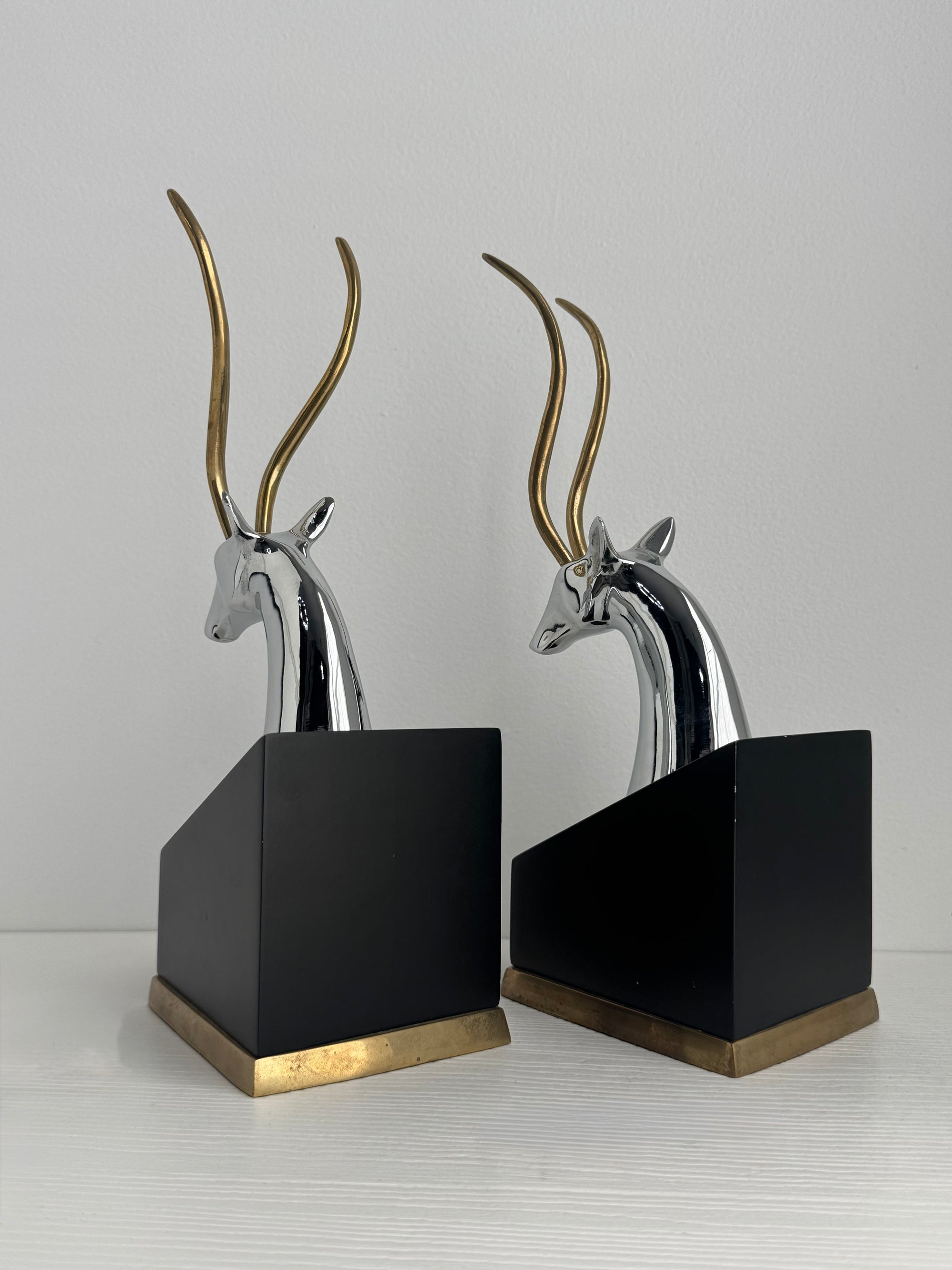 Mid-Century Chrome and Brass Antelope Bookends – Pair