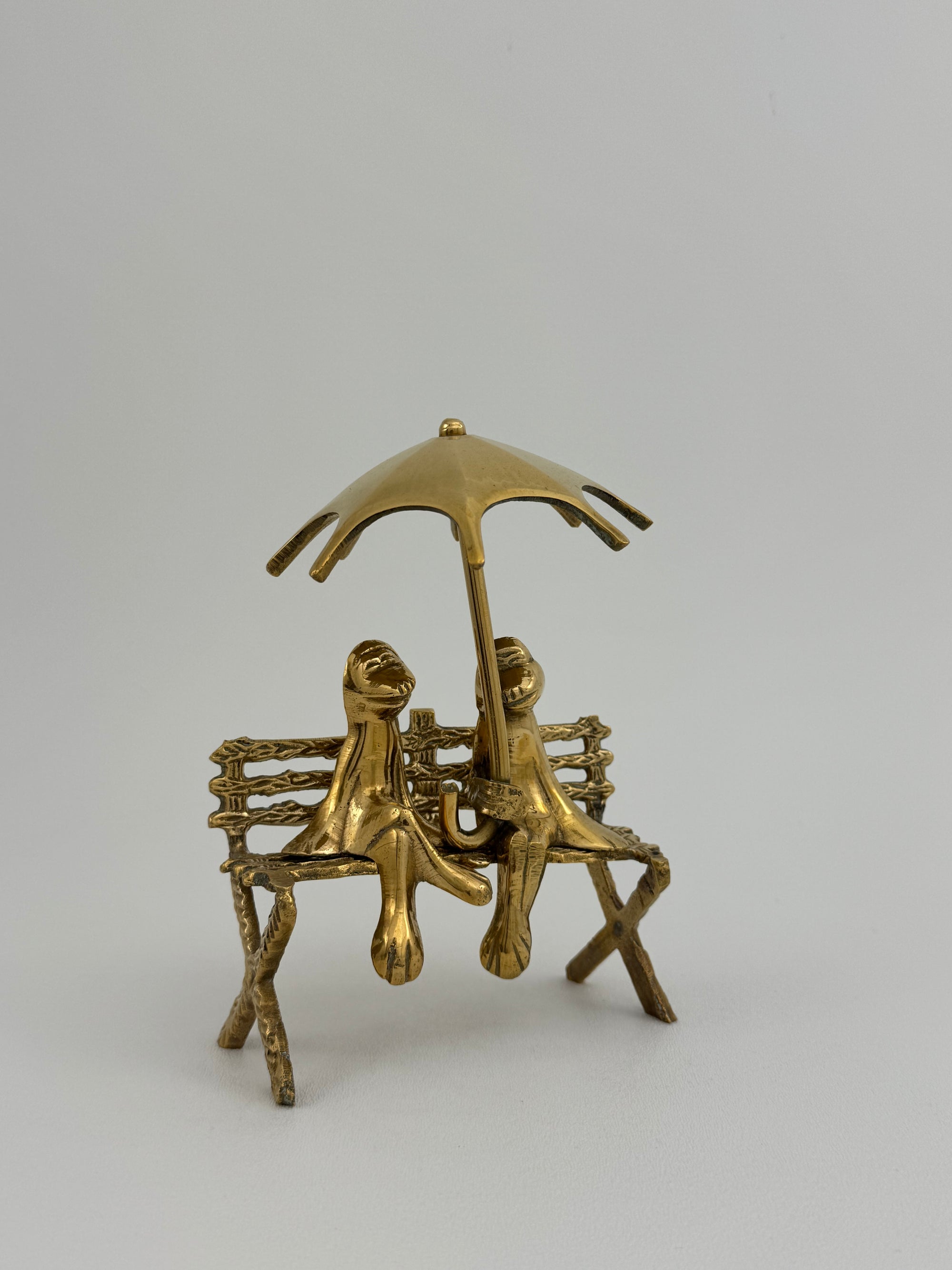 Vintage Brass Charming Frog Couple on Bench Under Umbrella