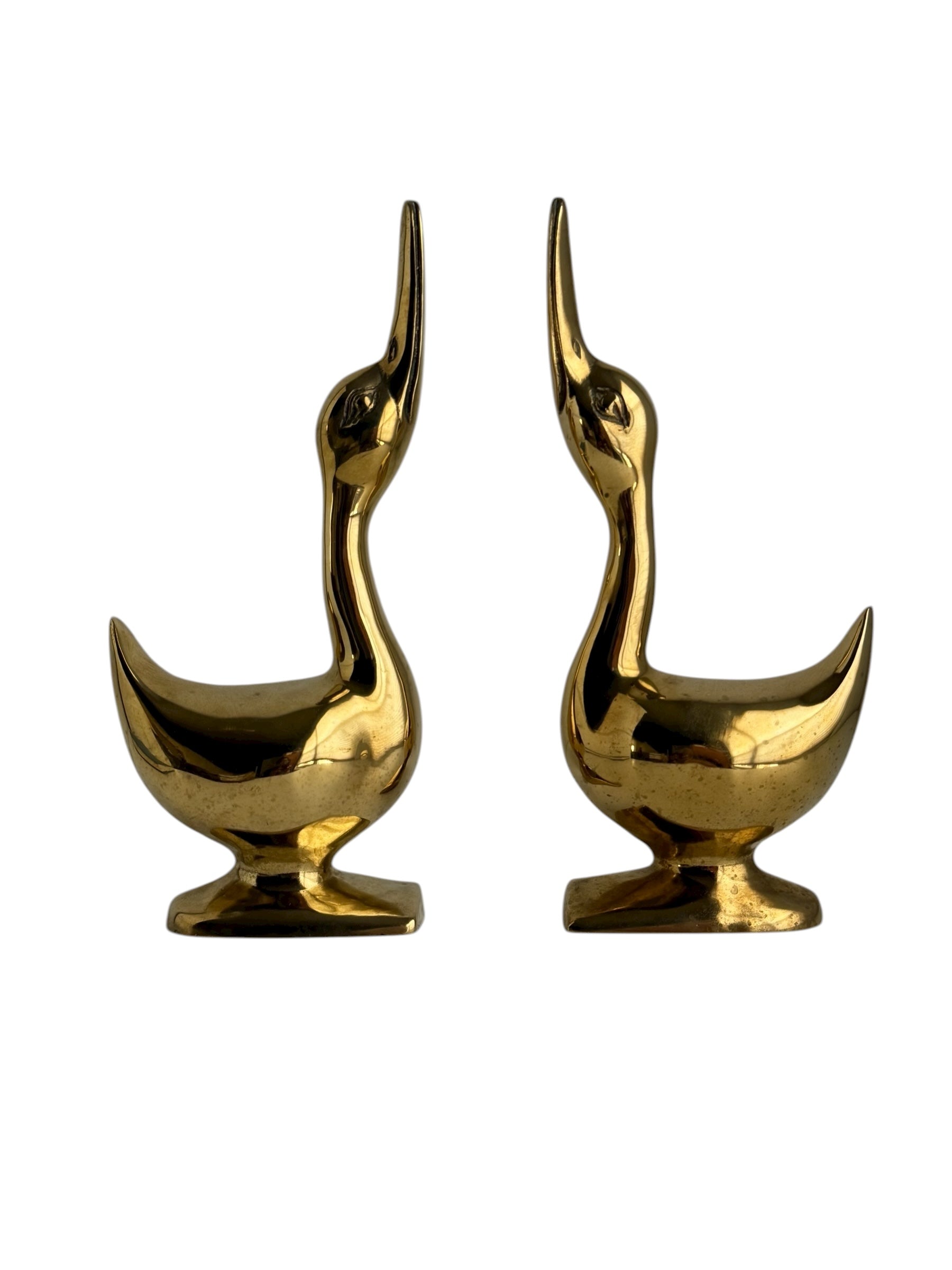 Vintage Polished Brass Geese Sculptures – Elegant Mid-Century Modern Pair