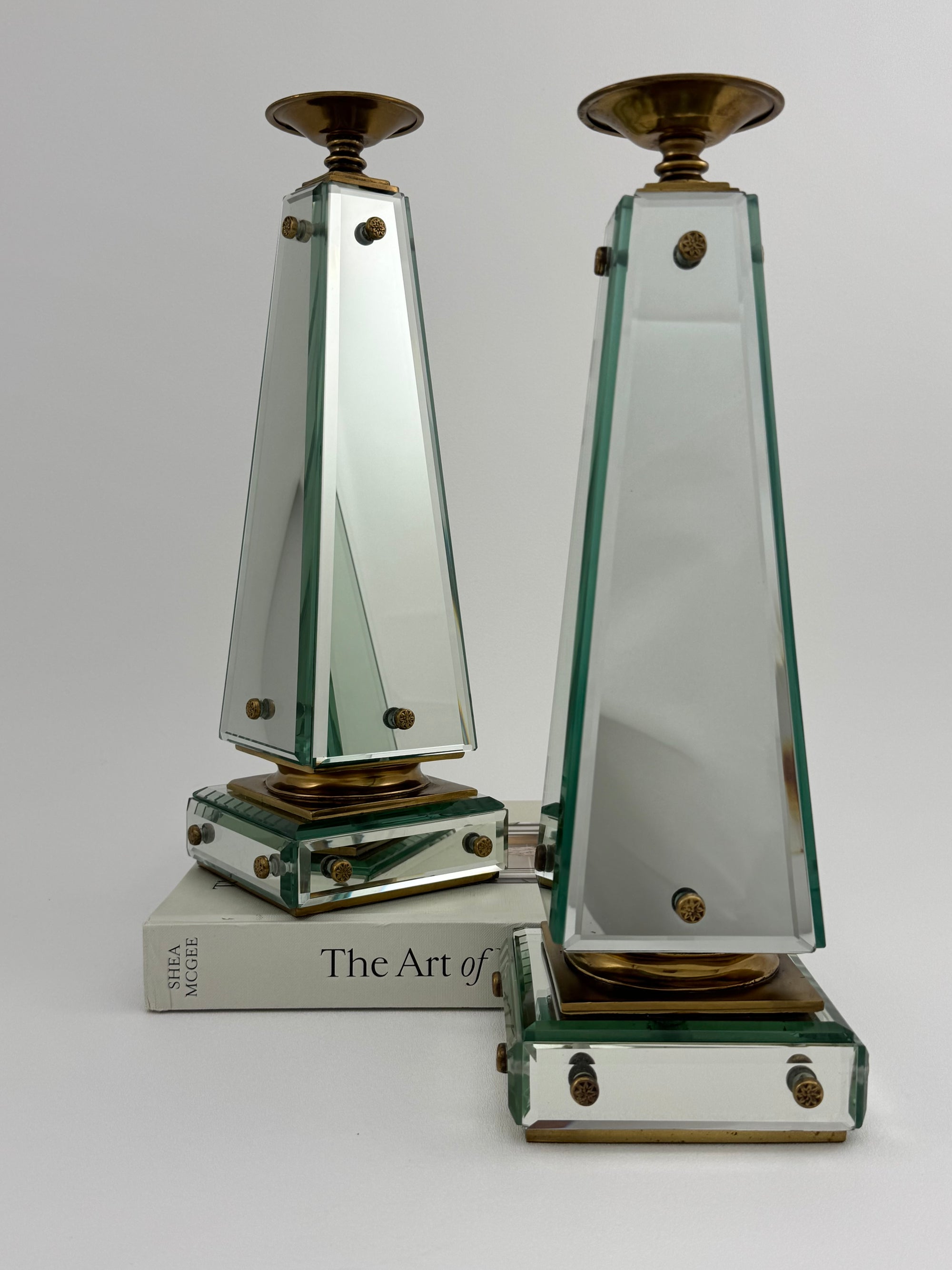 Pair of Vintage Maitland-Smith Mirrored Obelisk Candlesticks