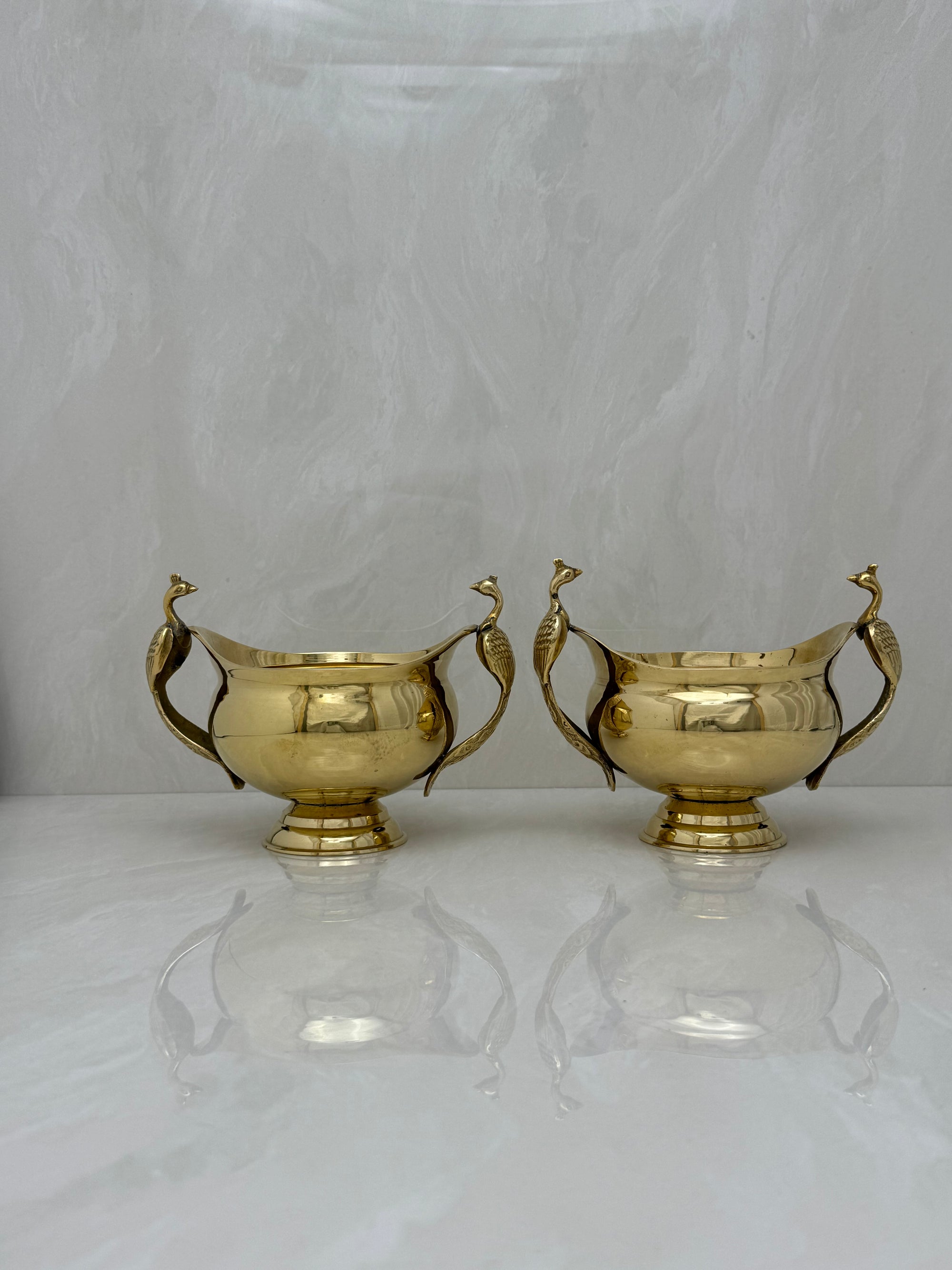 Vintage Brass Flower Bowls With Peacock Handles-A Pair