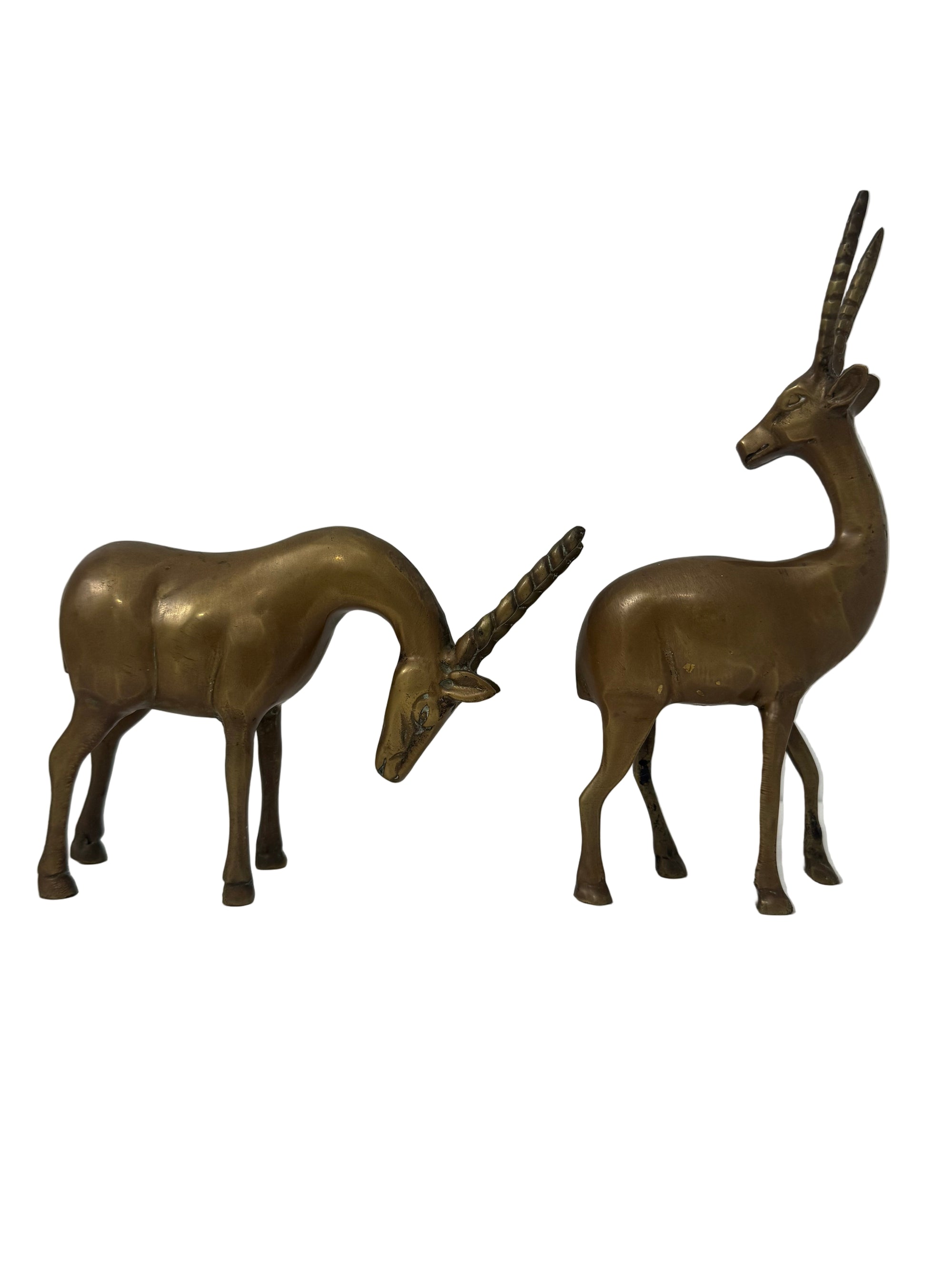 Vintage Mid-Century Brass Antelope Gazelle Figurines – Pair with Long Horns, Safari Wildlife Decor
