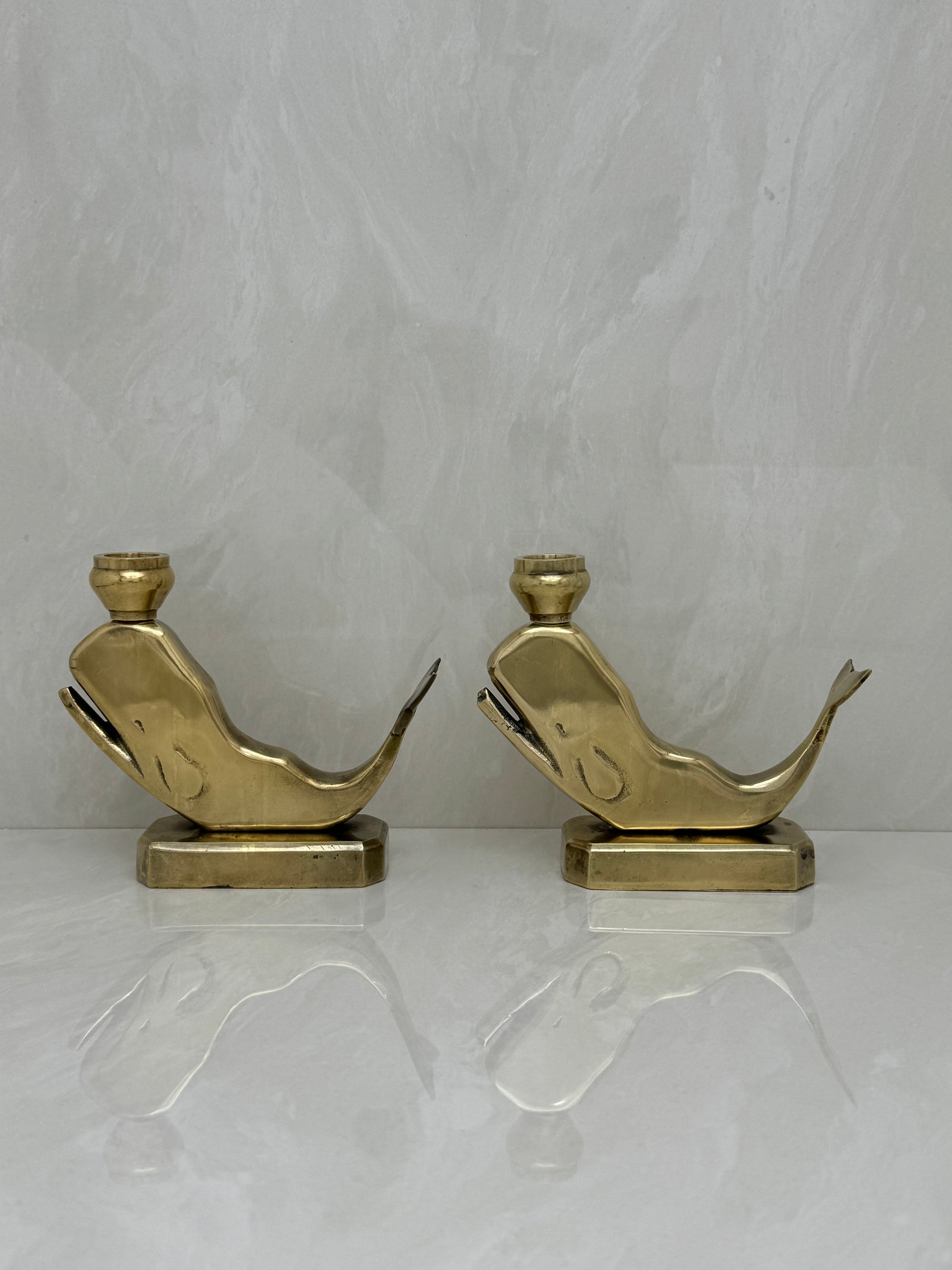 Vintage Brass Whale Candleholders