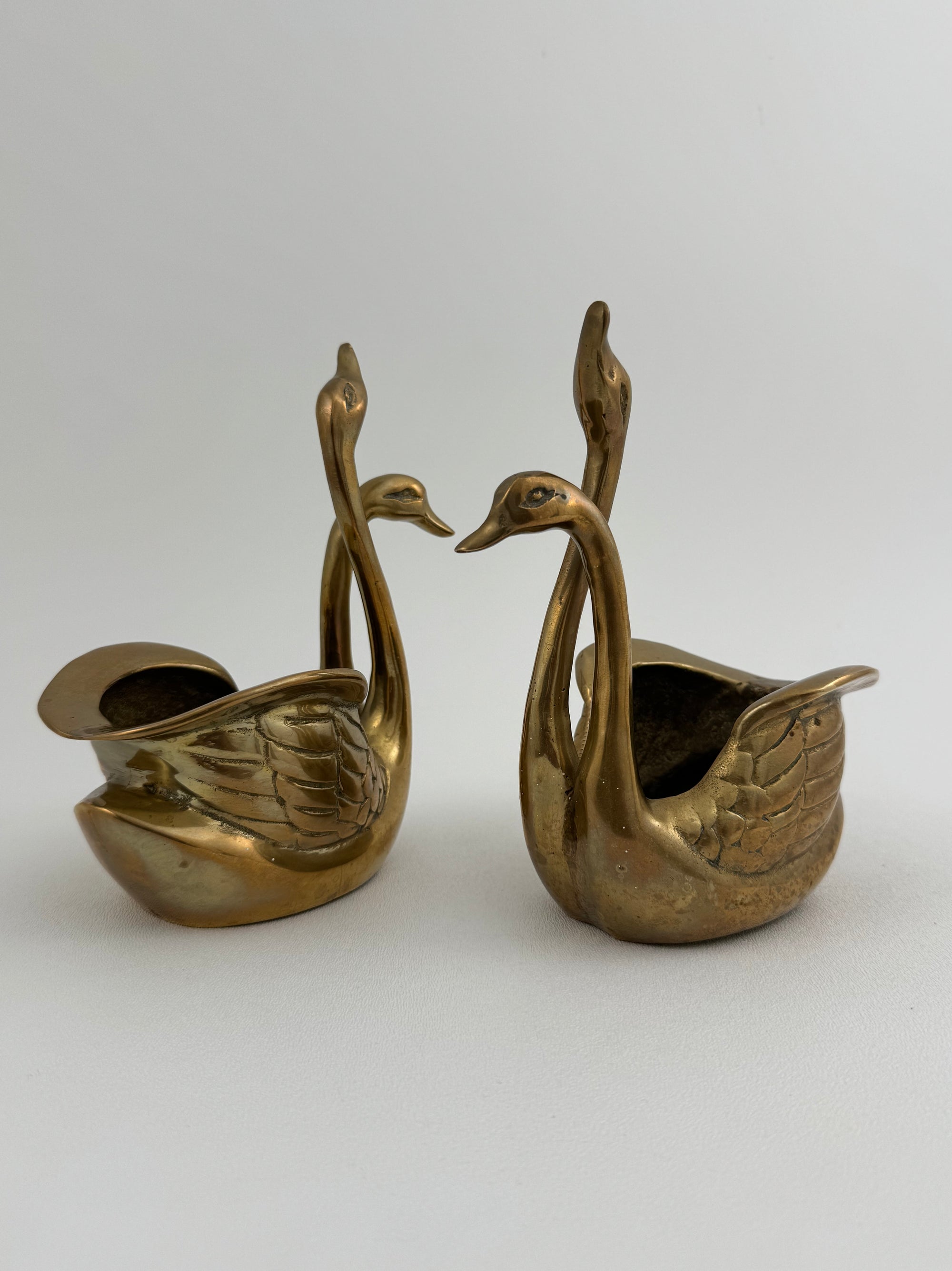 Small Pair of Vintage Brass Double Swan Planters – Hollywood Regency Stash Pots – 7”