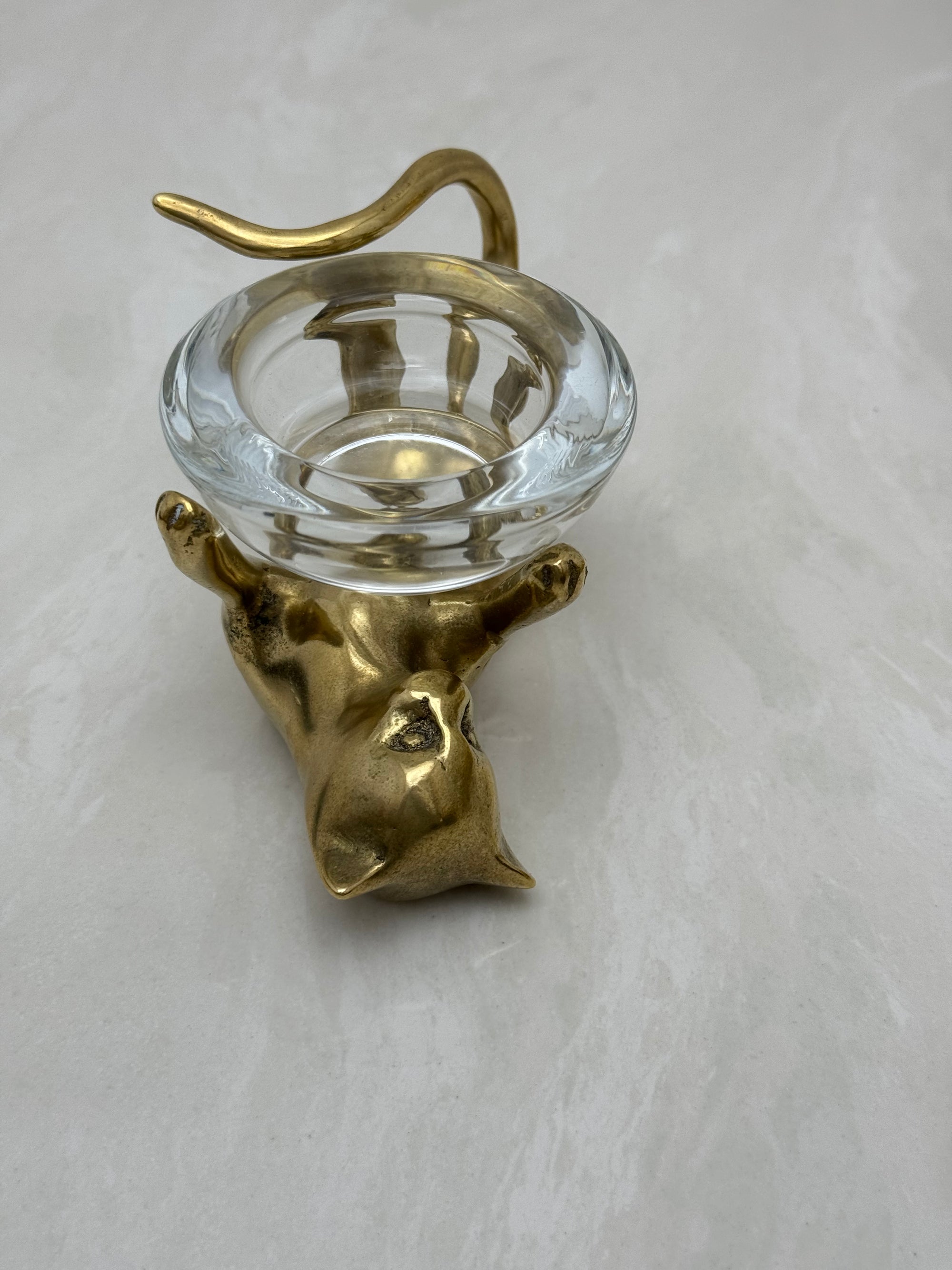 Vintage Brass Cat With Glass Candleholder