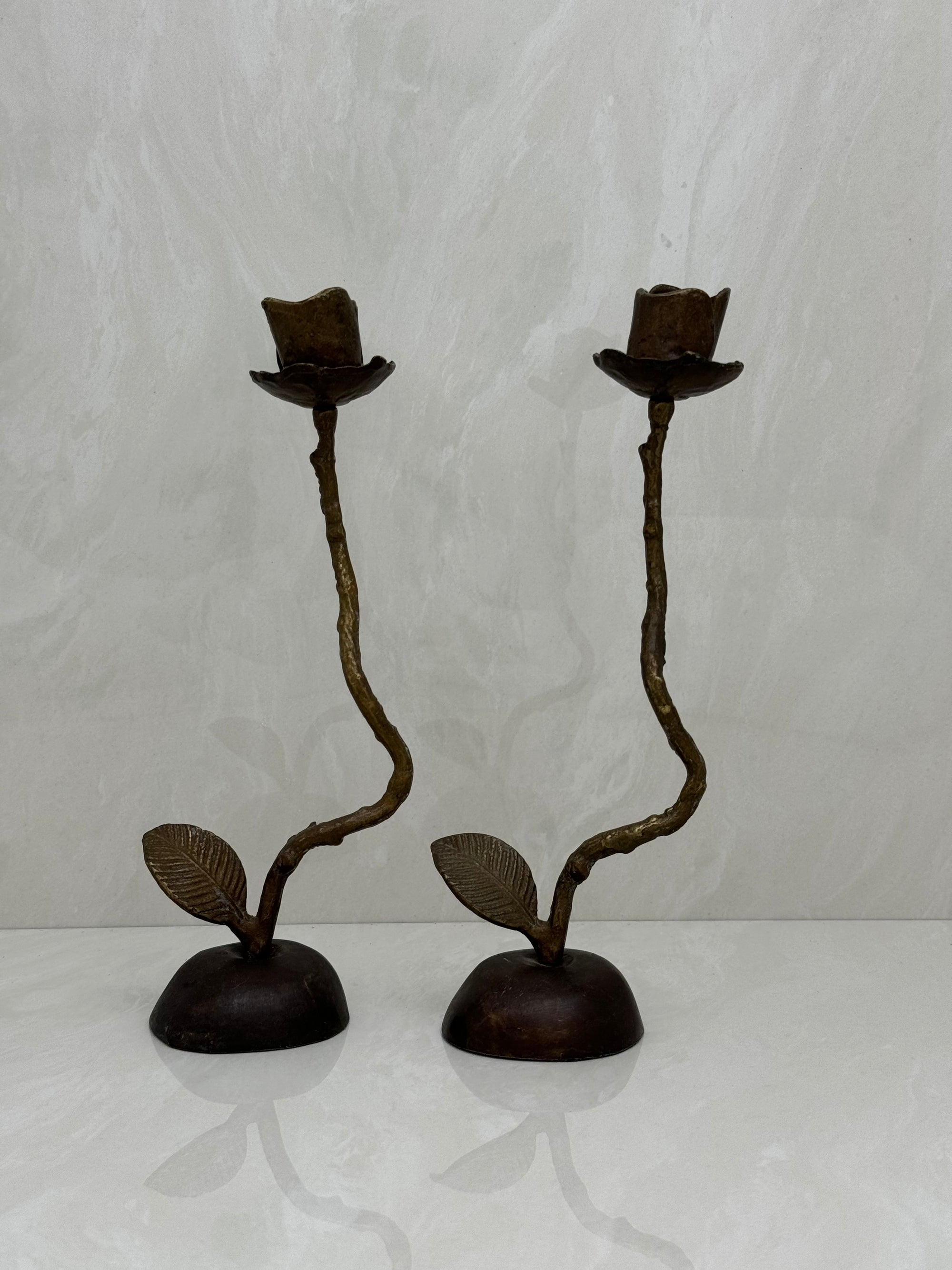 Vintage Brass Single Flower Stem Candle Holders - A Pair