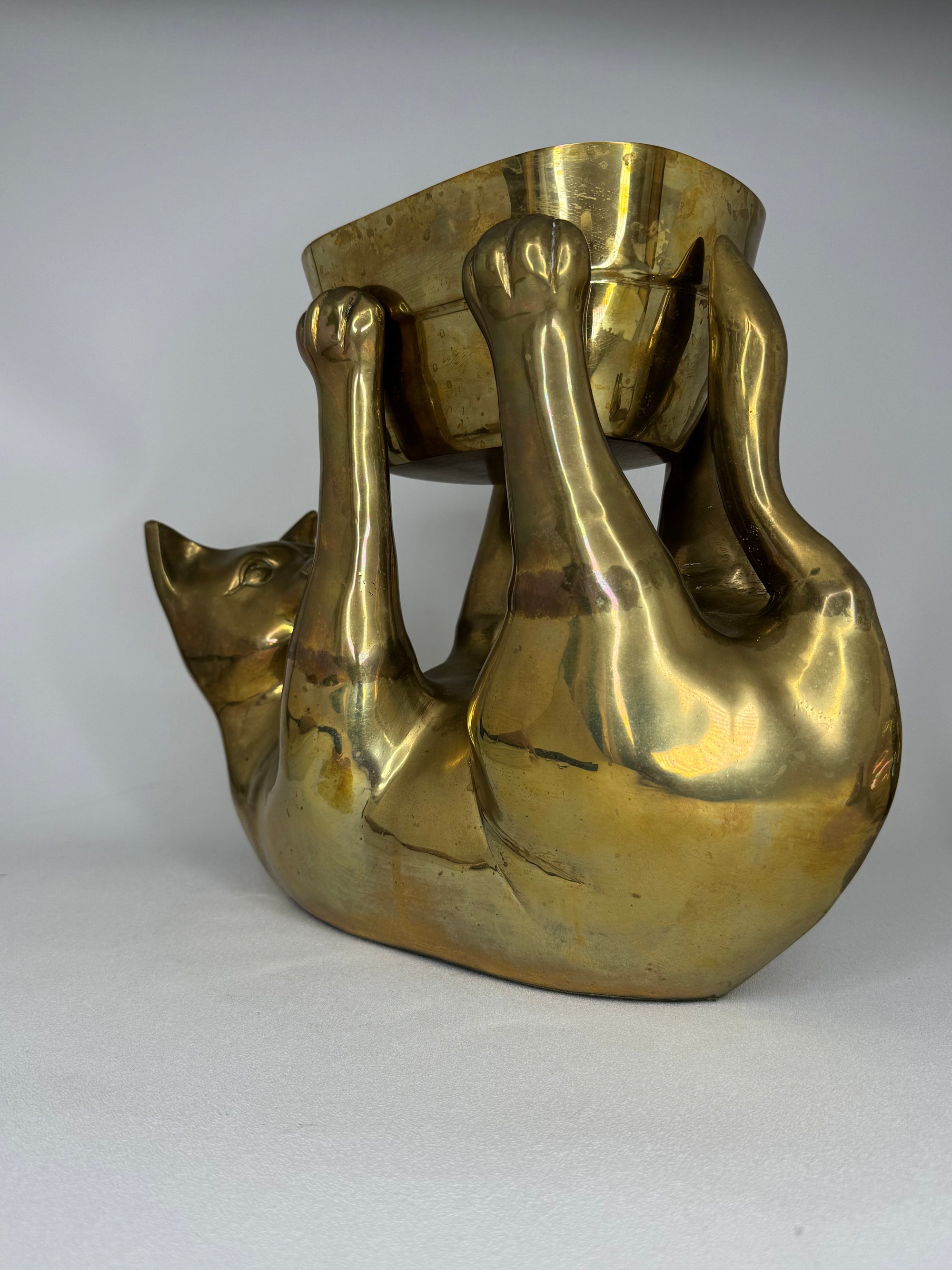 Rare Large Vintage Brass Cat Planter –Statement Cat Holding Bowl Centerpiece