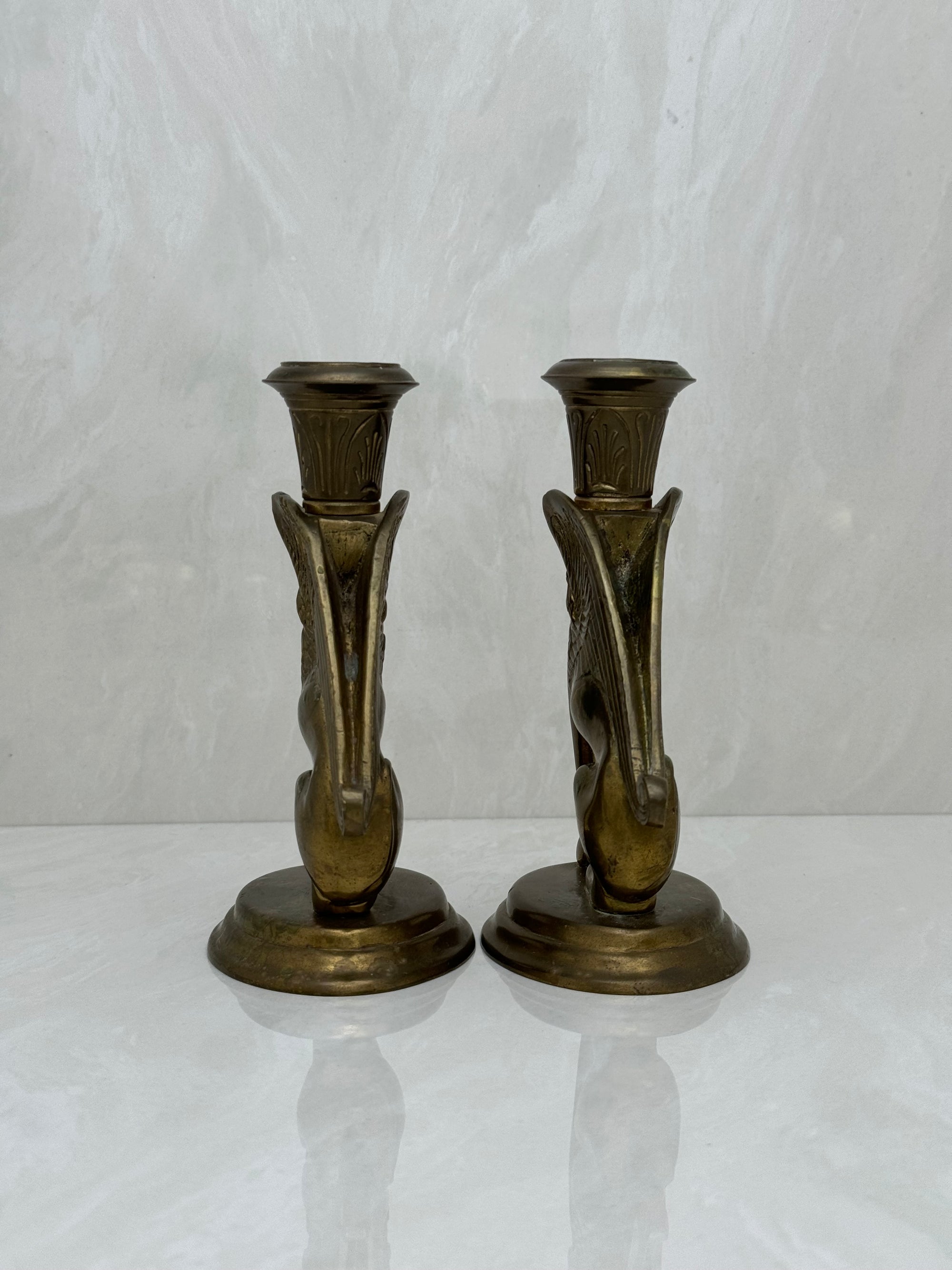 Vintage Brass Winged Sphinx Candleholders-A Pair