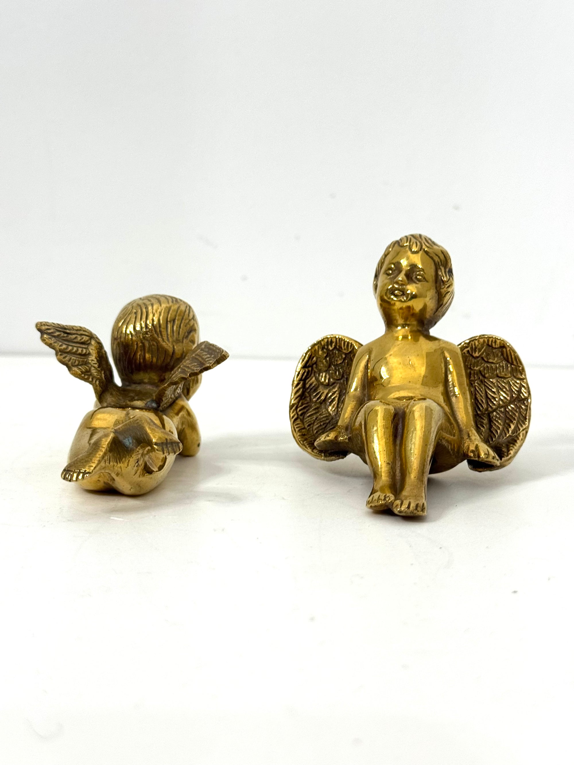 Vintage Polished Brass Cherub Angels — Set of Two Mid-Century Figurines