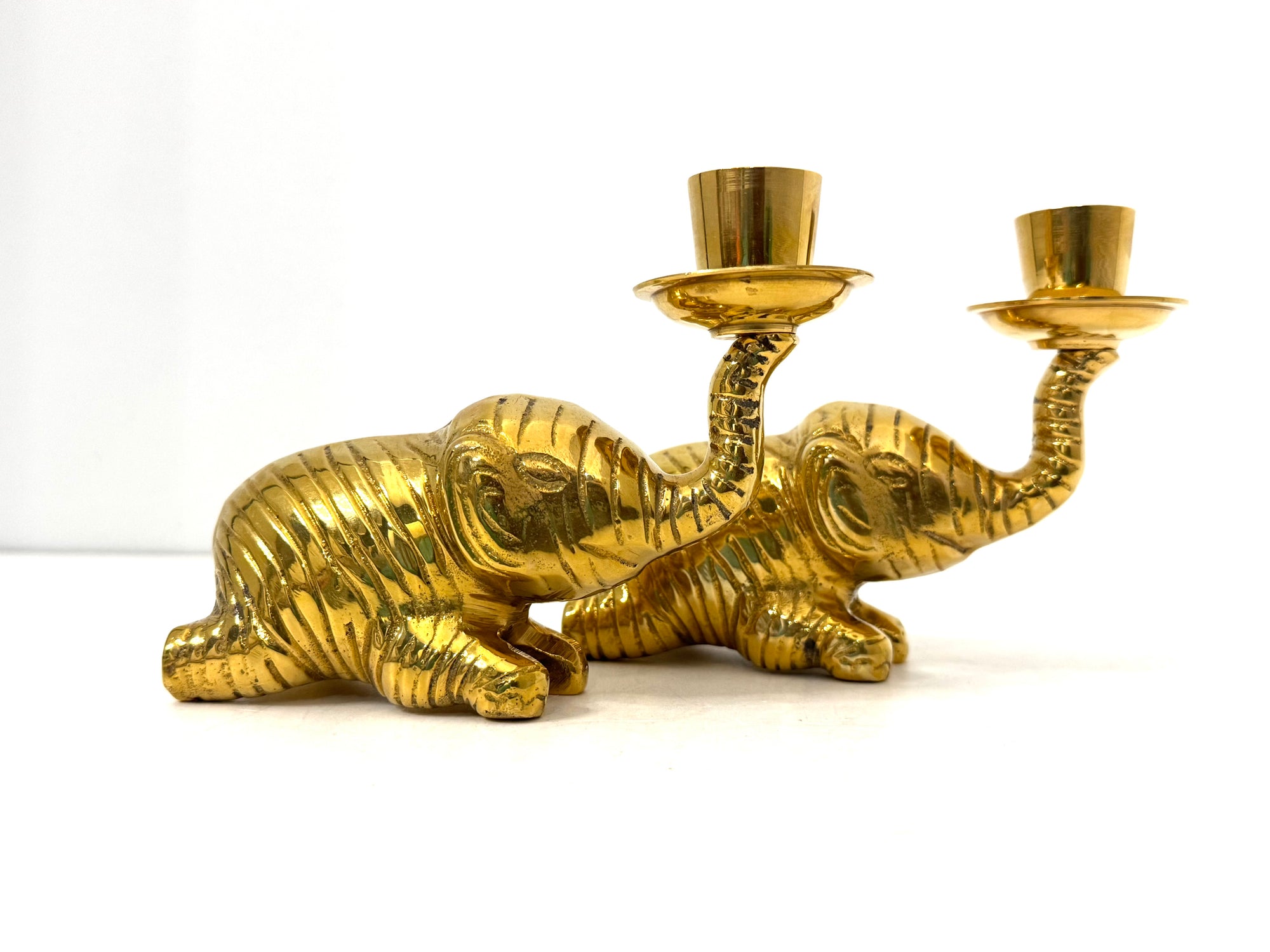 Vintage Brass Elephant Candle Holders | Lucky Trunk Pair