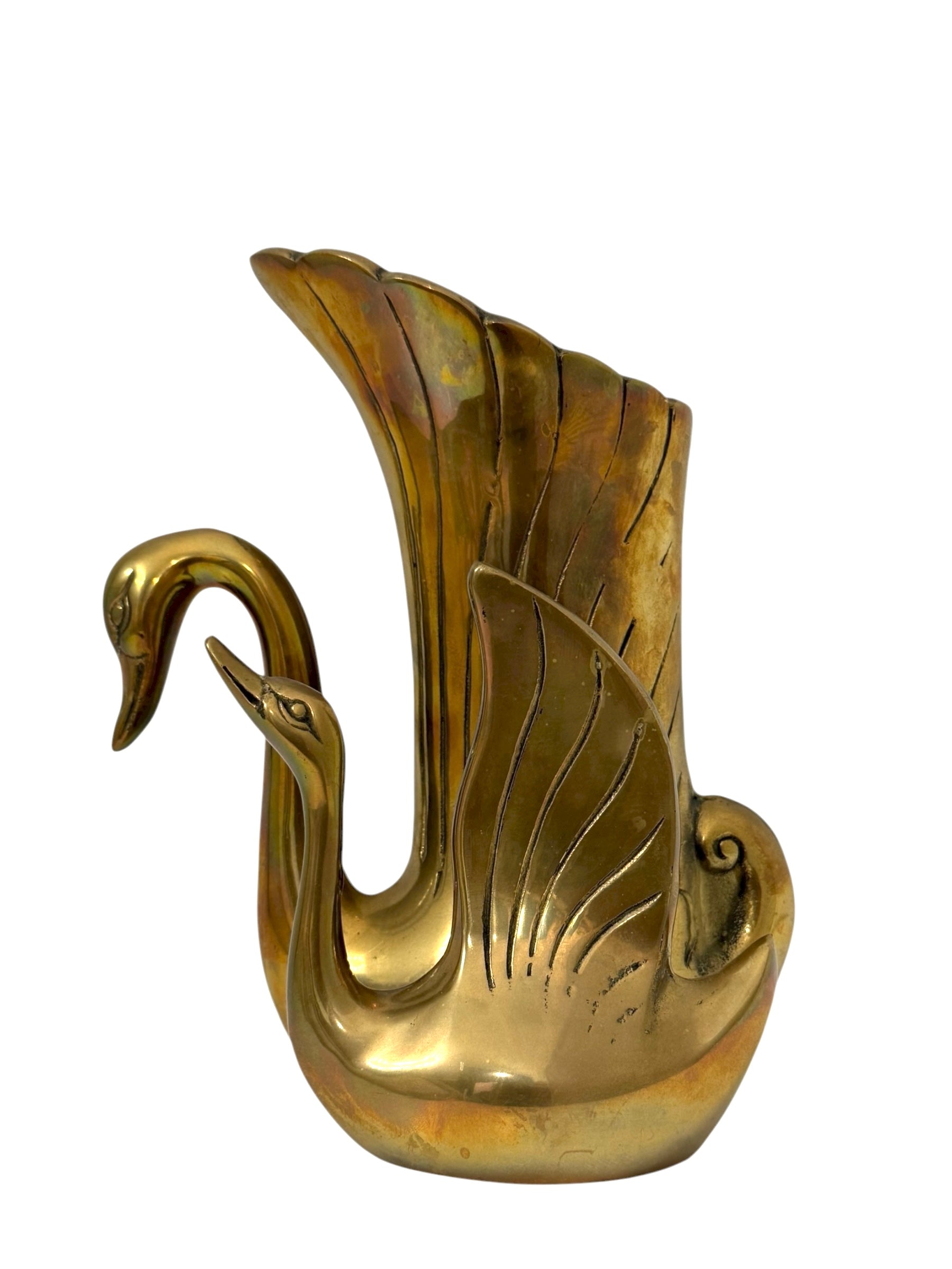 Vintage Brass Swan Vase – Hollywood Regency Sculptural Vessel | 9.75” Tall