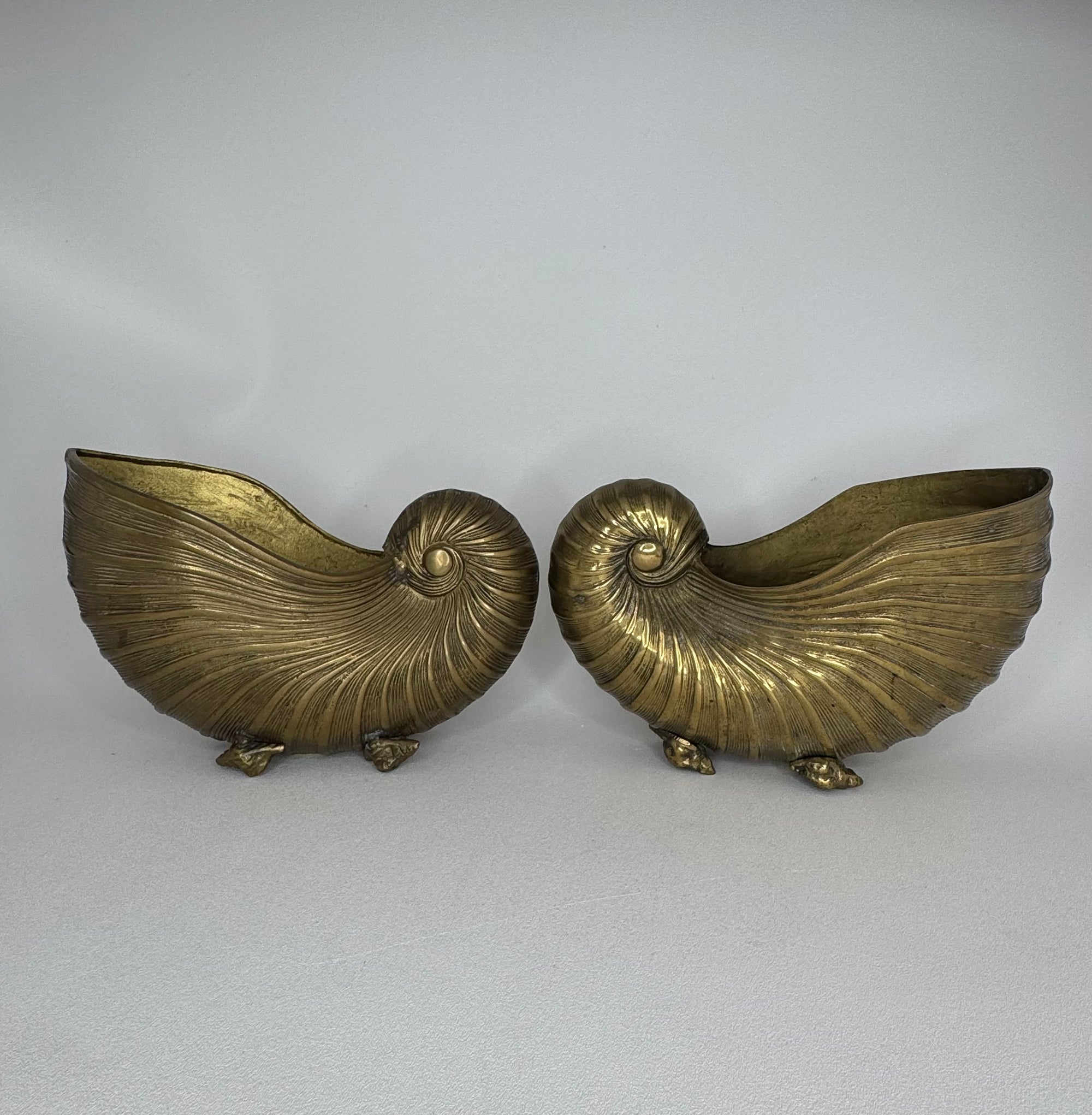 Vintage Brass Nautilus Shell Vessels / Wine Holders / Cachepots