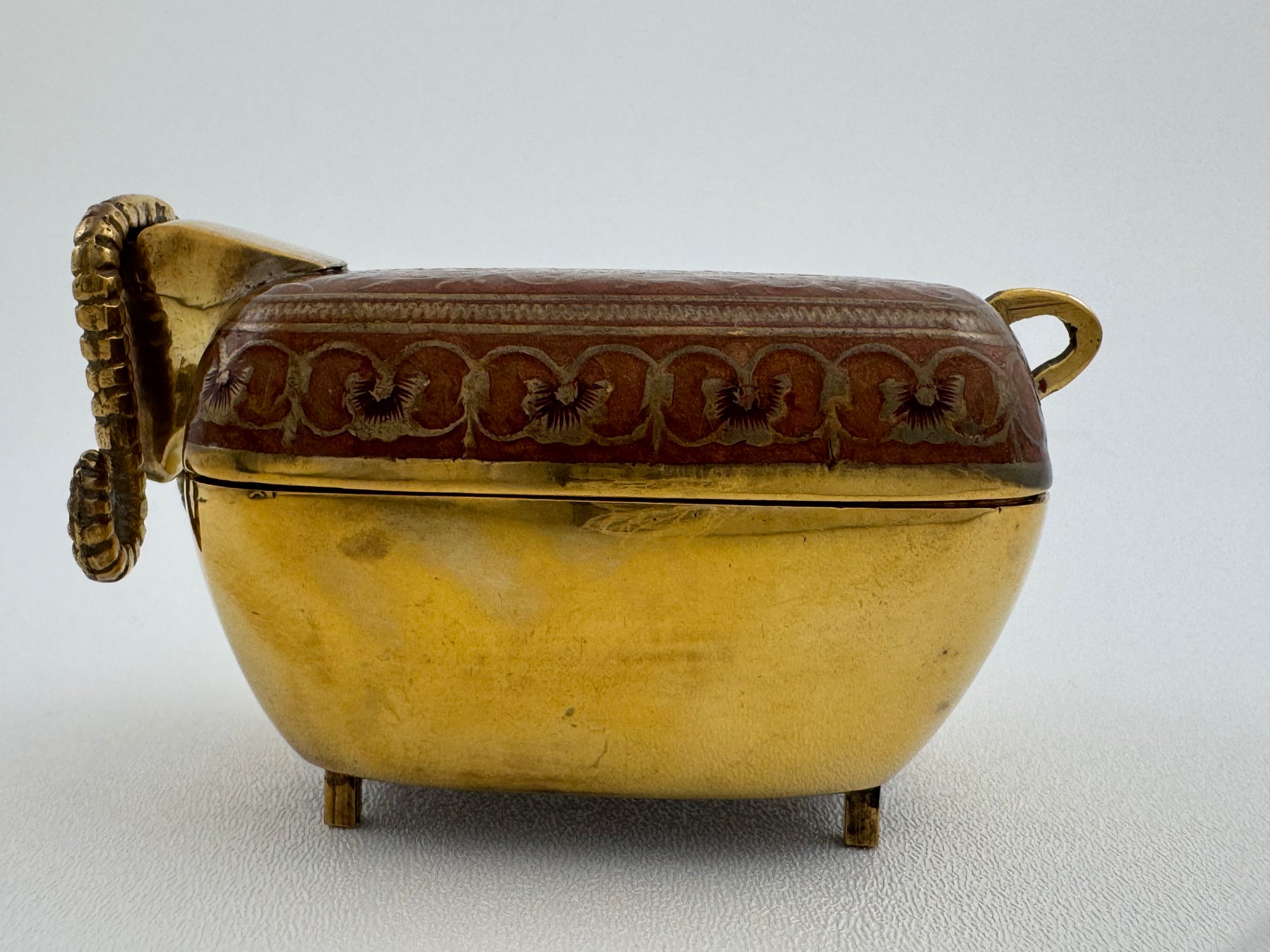 Vintage Brass Goat Trinket Dish With Enameled Etchings