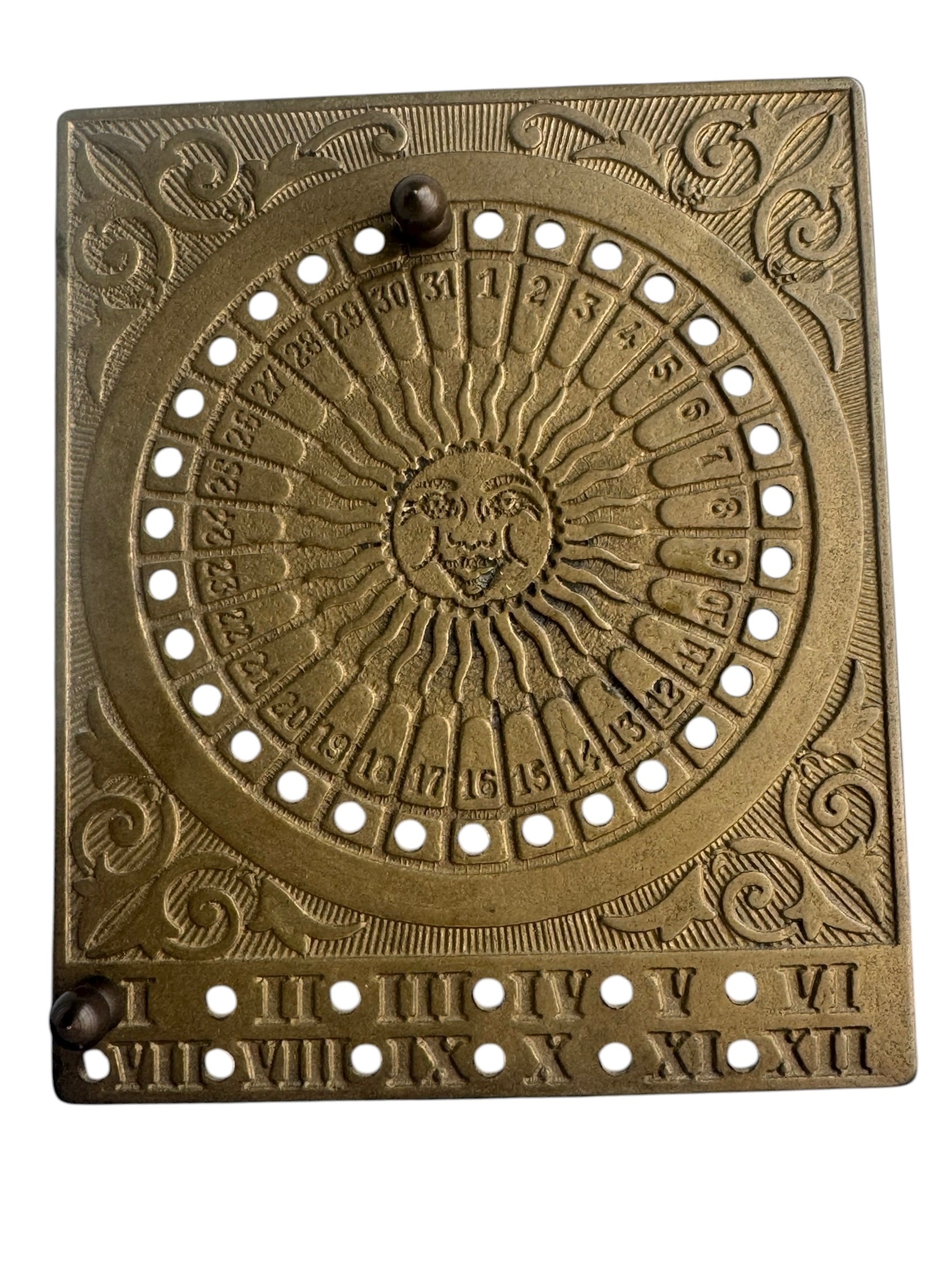 Vintage Brass Sundial Desk Calendar with Pegs