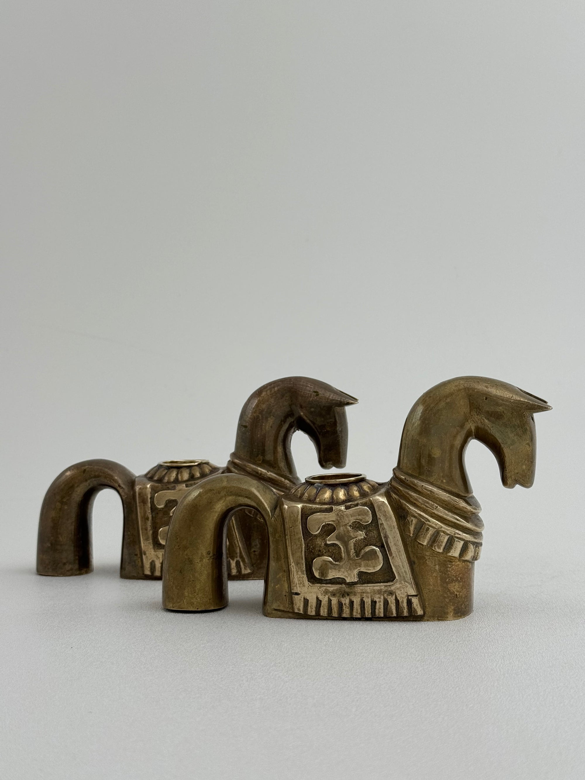 Pair of Vintage Trojan Horse Brass Candleholders
