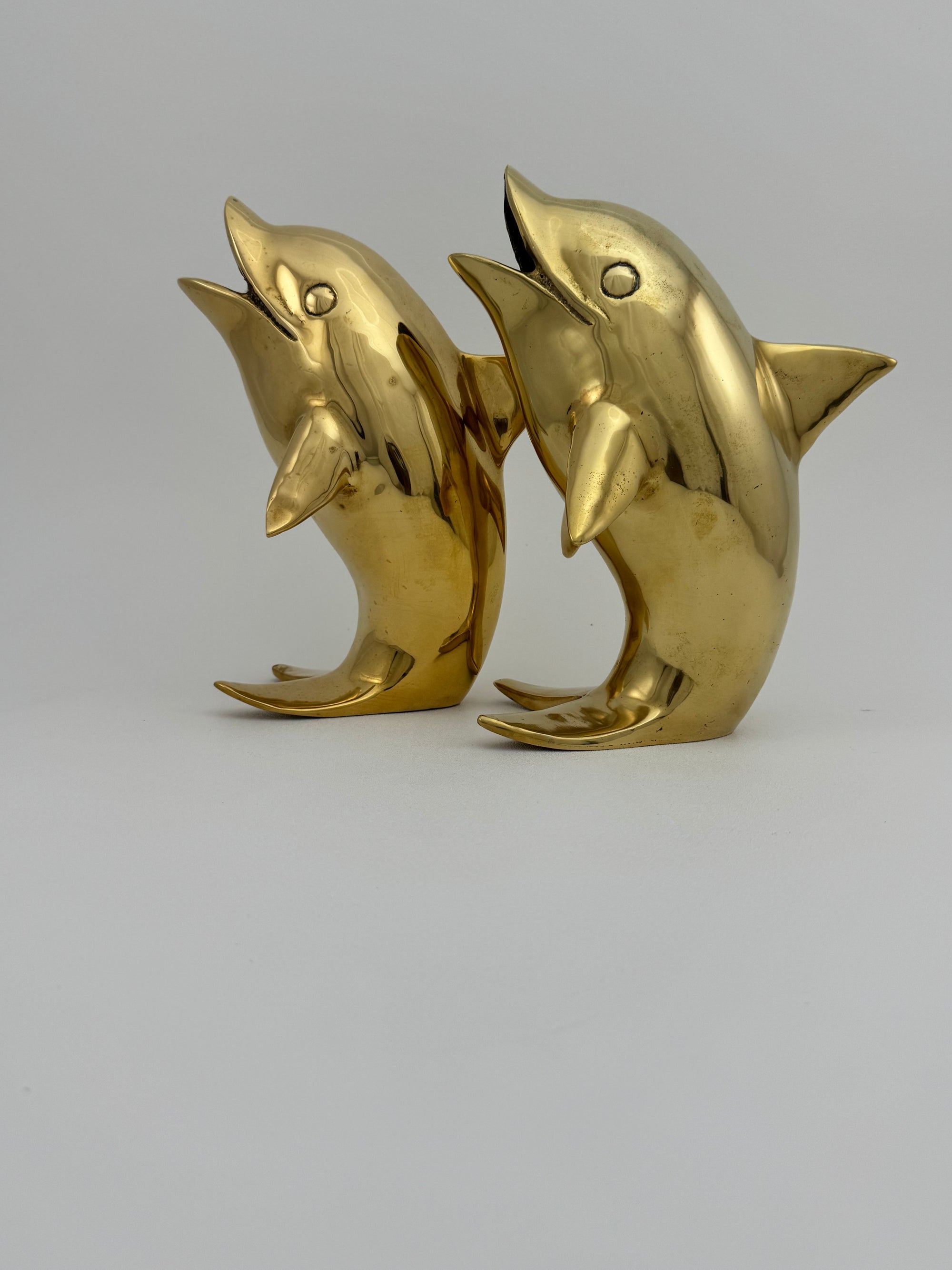 Vintage Solid Brass Dolphins – 10” Coastal Wishing Vessels/Coin Banks-A Pair