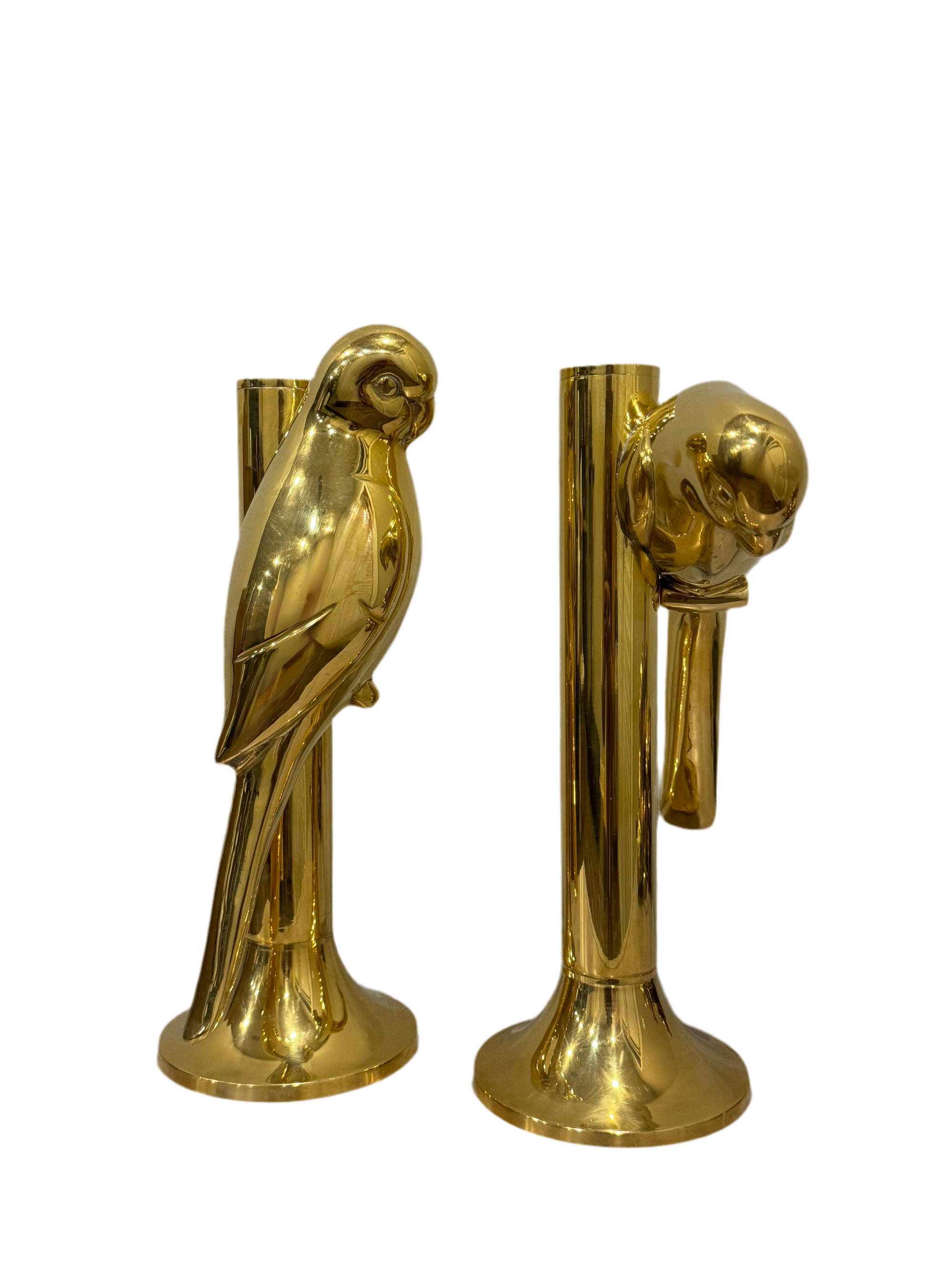 Oversized Hollywood Regency Brass Parrot Candlesticks — Pair-Over 1 Foot Tall