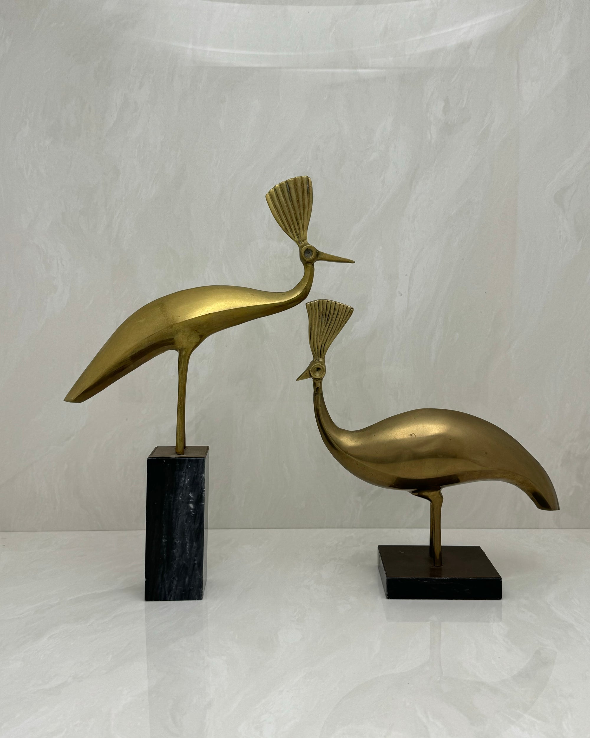 Vintage Brass Peacocks on Marble Bases- A Pair by Rosenthal Netter