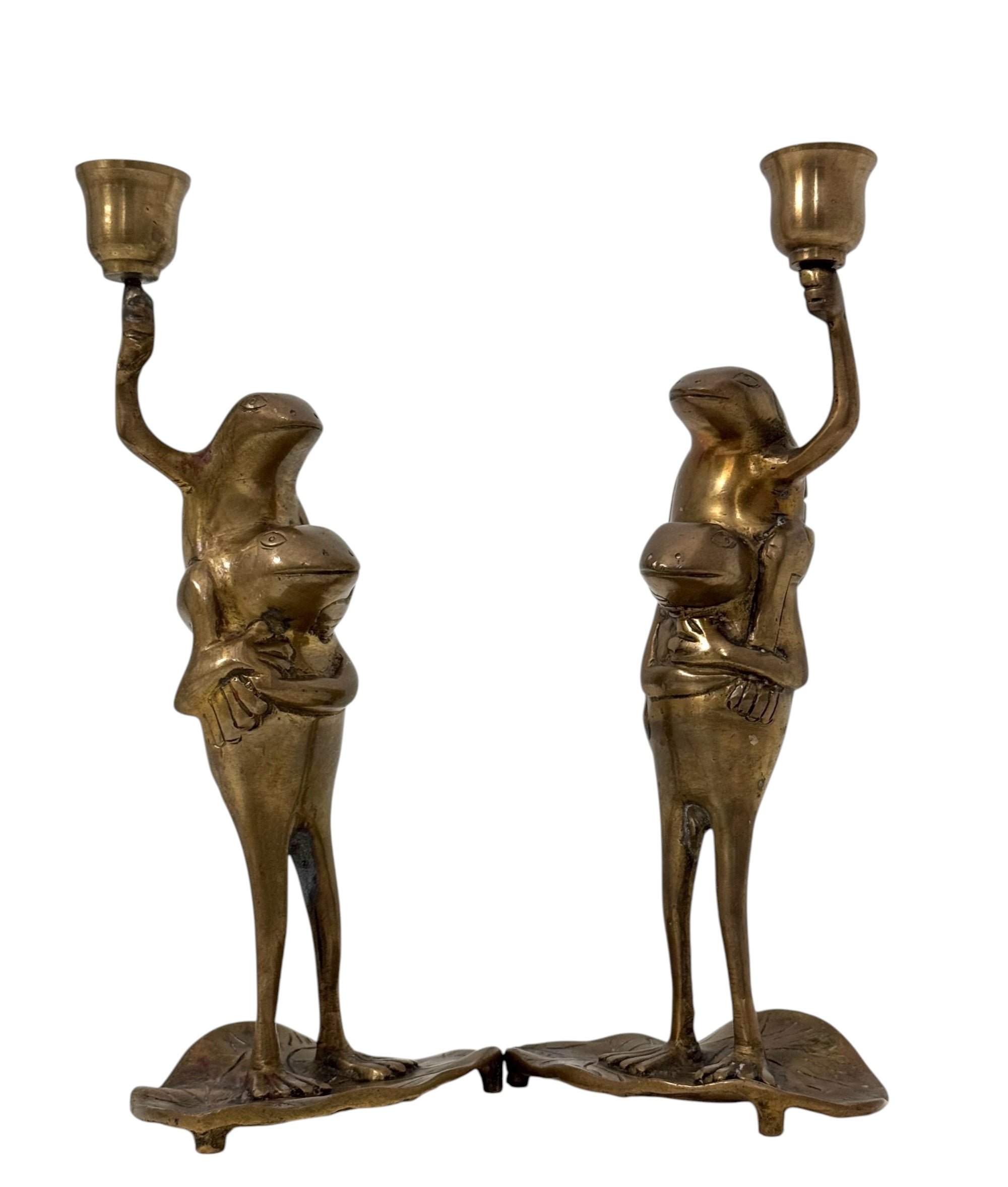 Vintage Brass Frog Couple Candle Holders | Mid-Century Whimsical Pair on Lily Pads