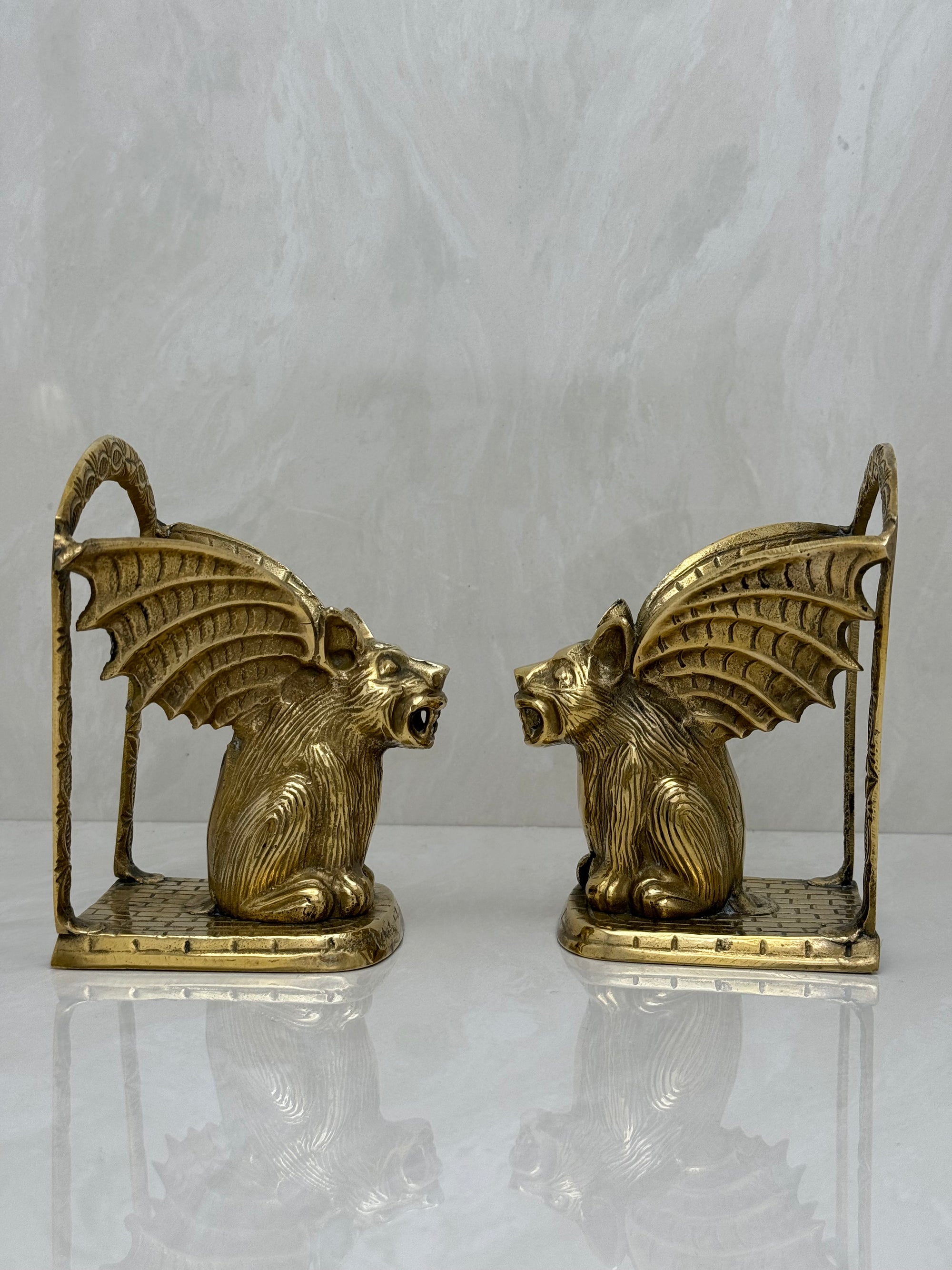 Vintage Brass Gargoyle Bookends- A Pair