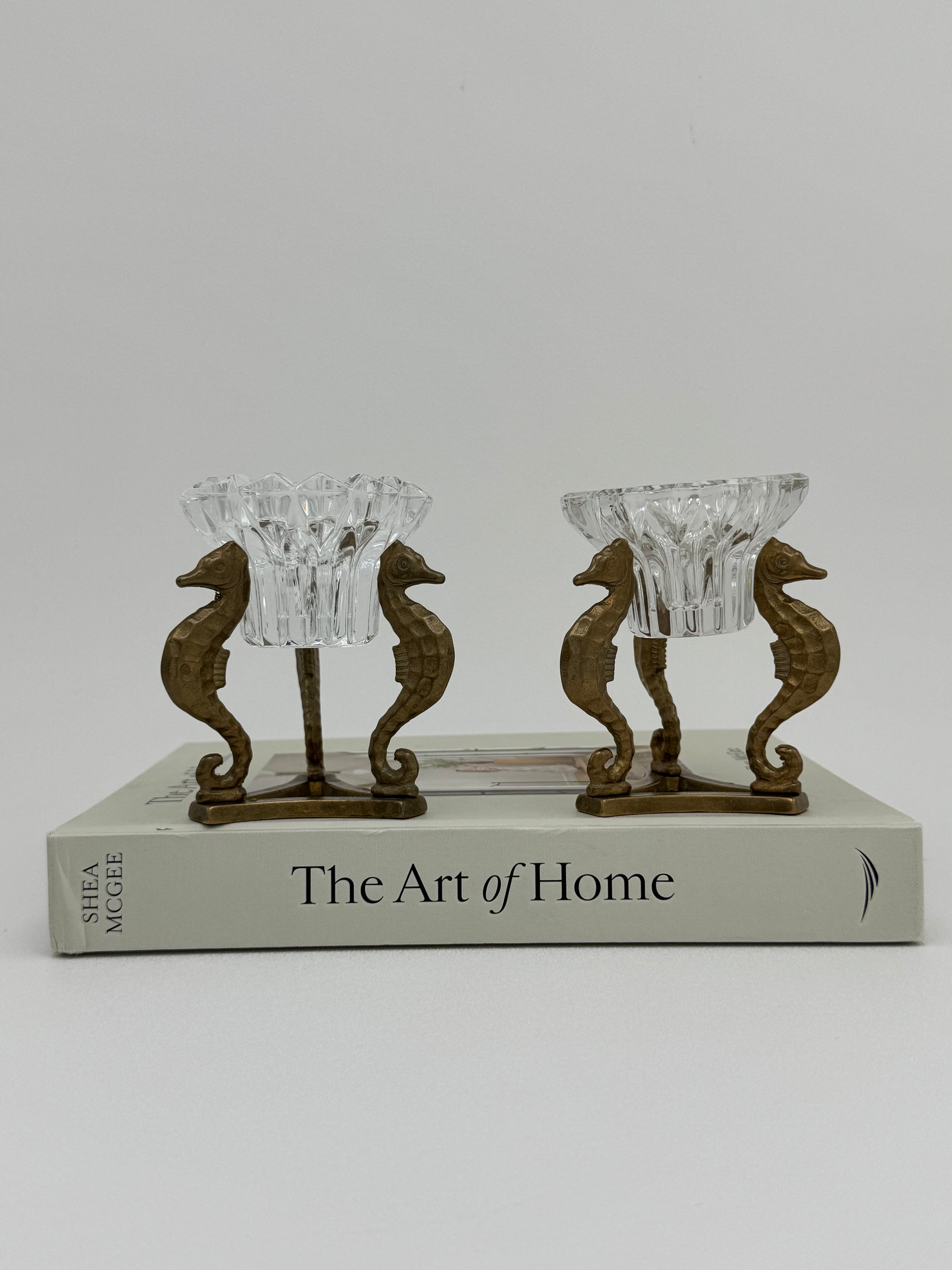 Vintage Brass Seahorse Stands with Crystal Inserts-A Pair