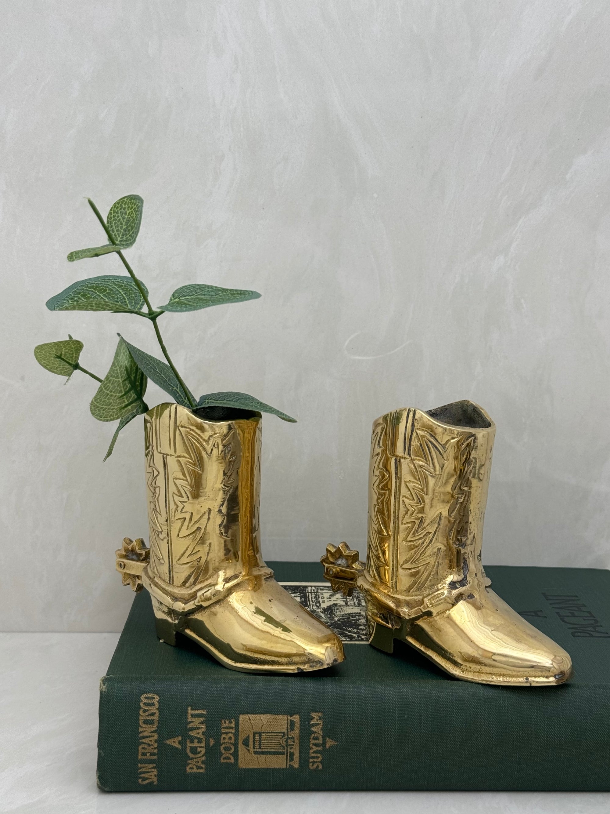 Small Vintage Brass Cowboy Boot Vases-A Pair