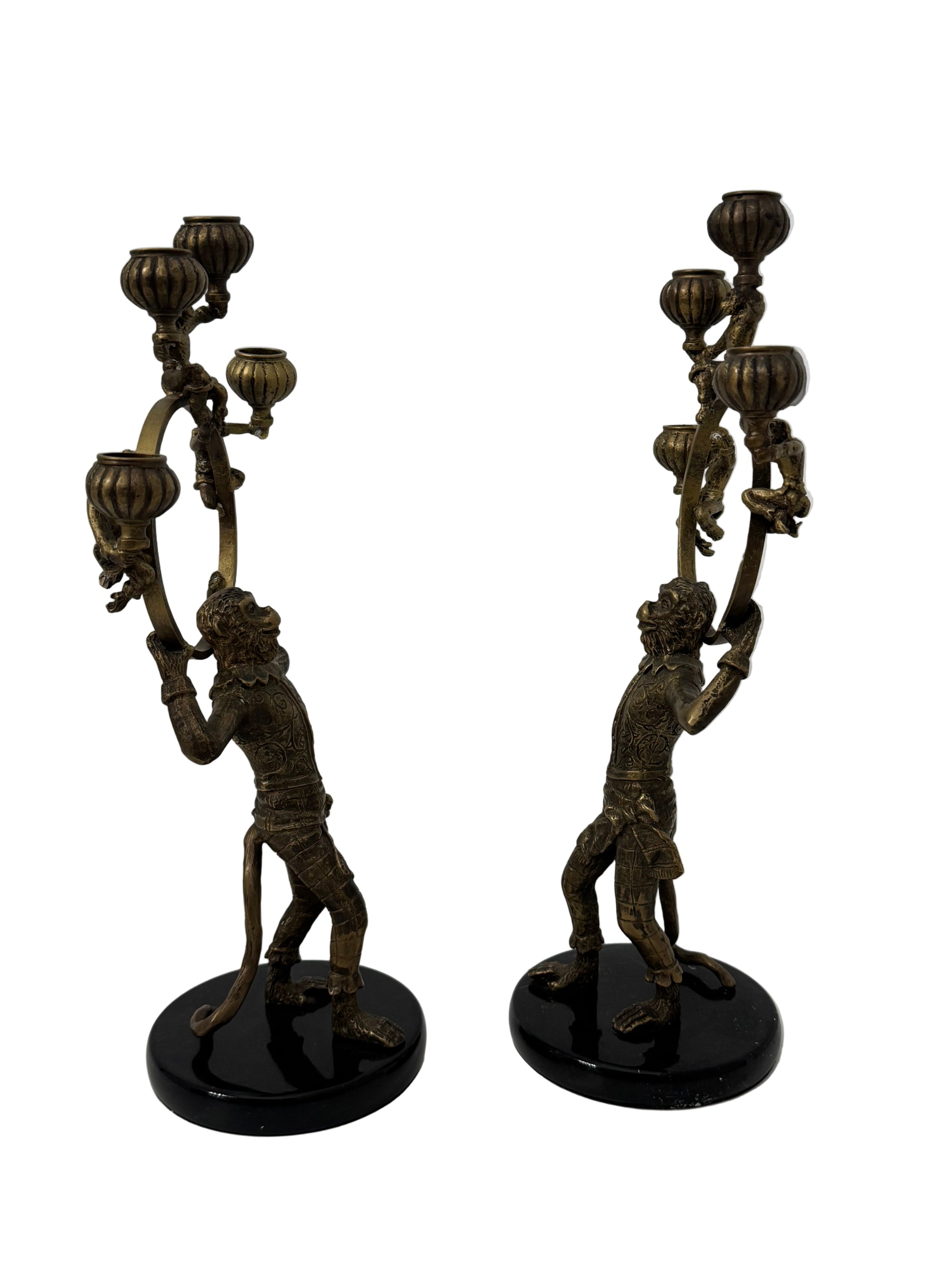 Vintage Brass Monkey Candleholders on Black Marble Bases | Mid-Century Exotic Pair
