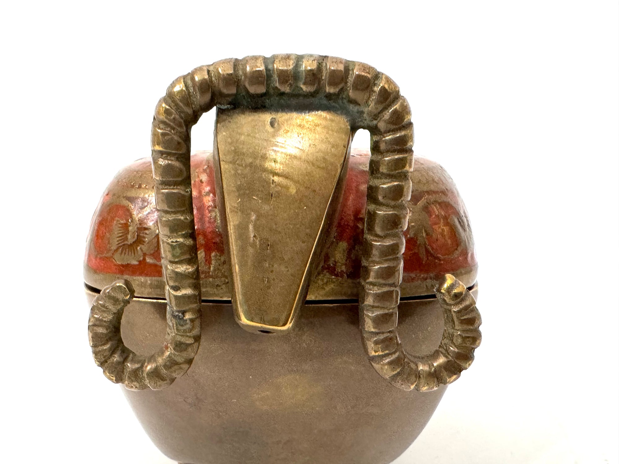 Vintage Brass Ram Trinket Box with Red Floral Enamel Lid | Mid-Century Decorative Storage Box