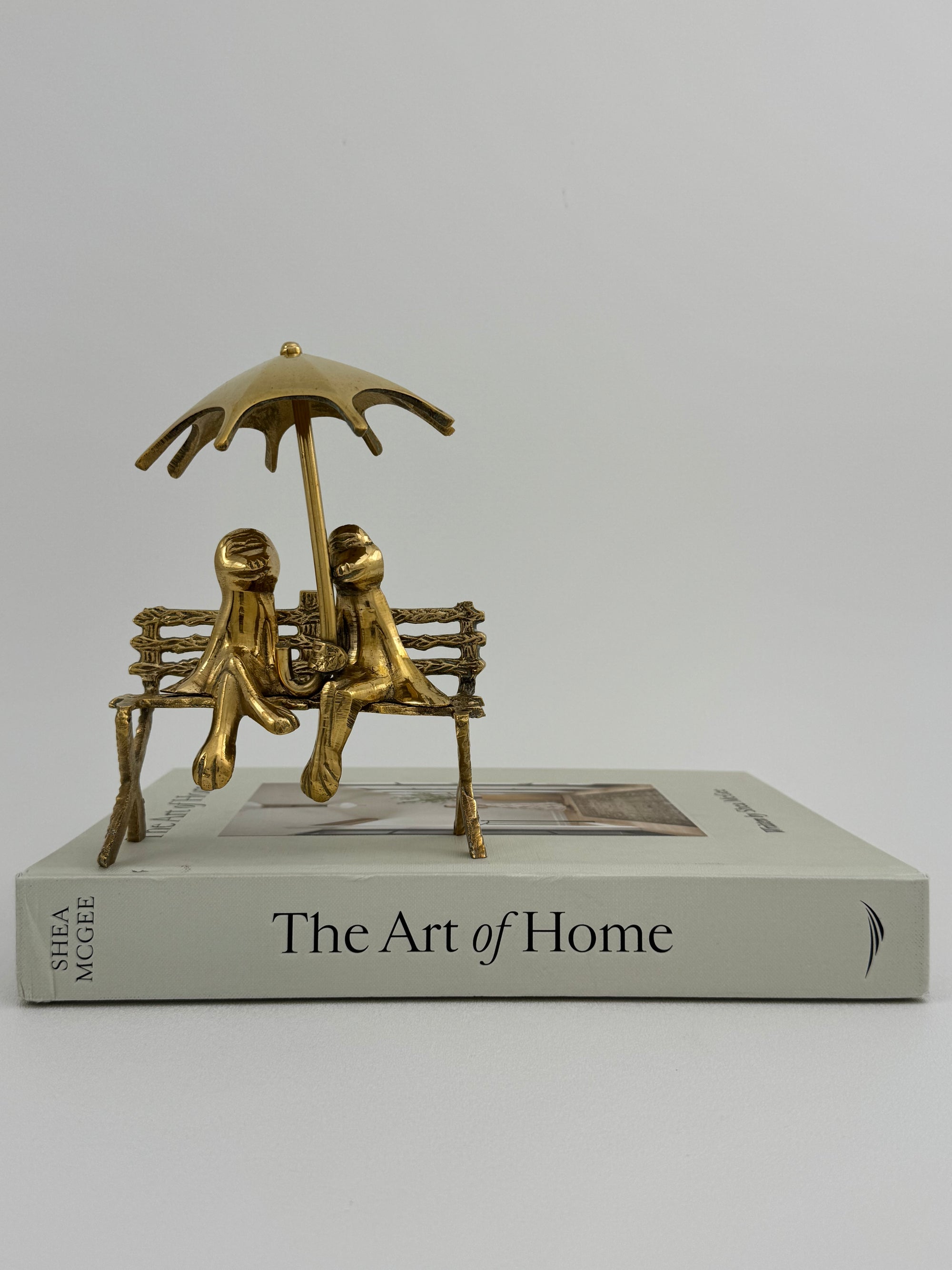 Vintage Brass Charming Frog Couple on Bench Under Umbrella