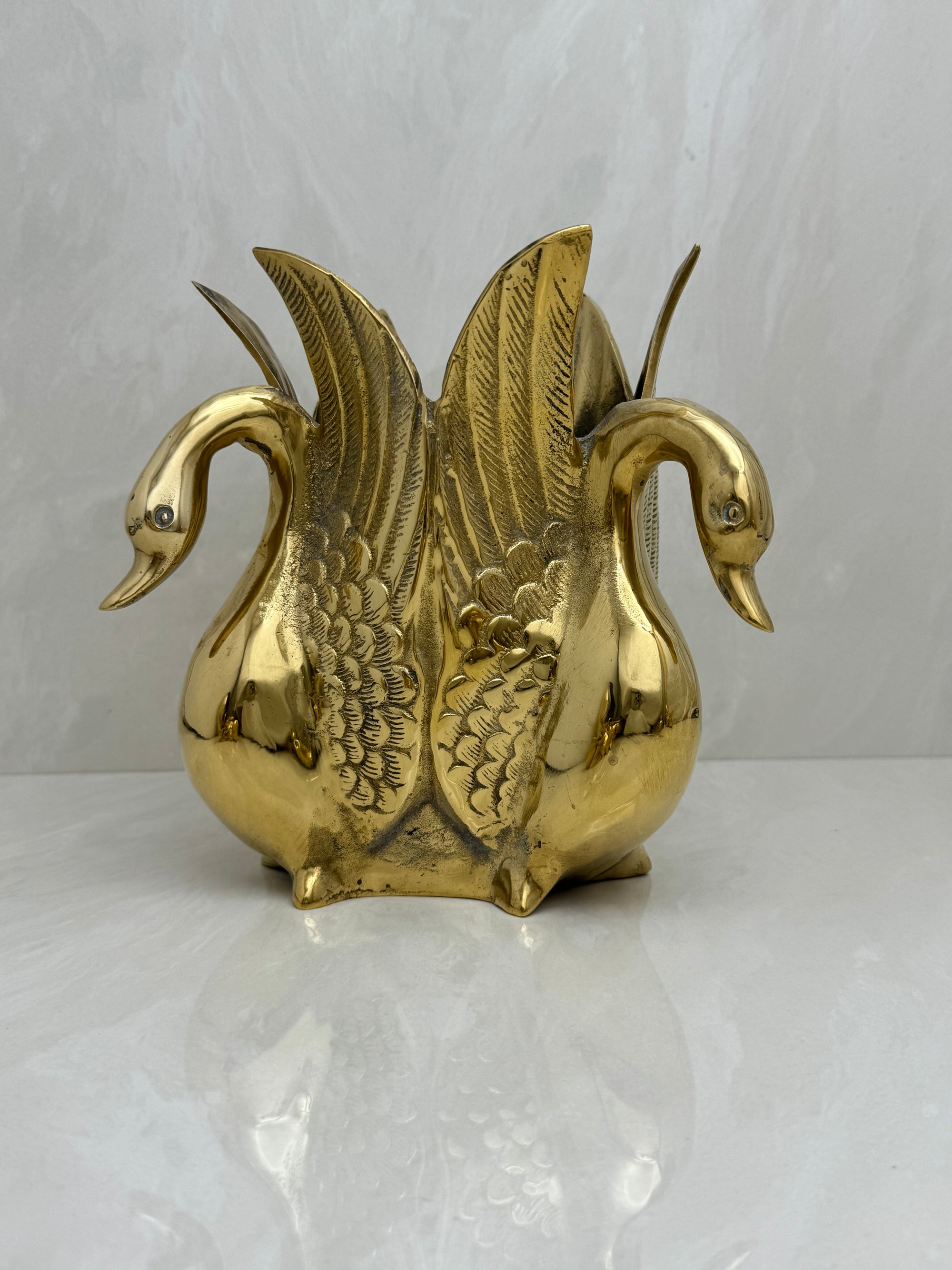 Vintage Brass Three Swan Vase