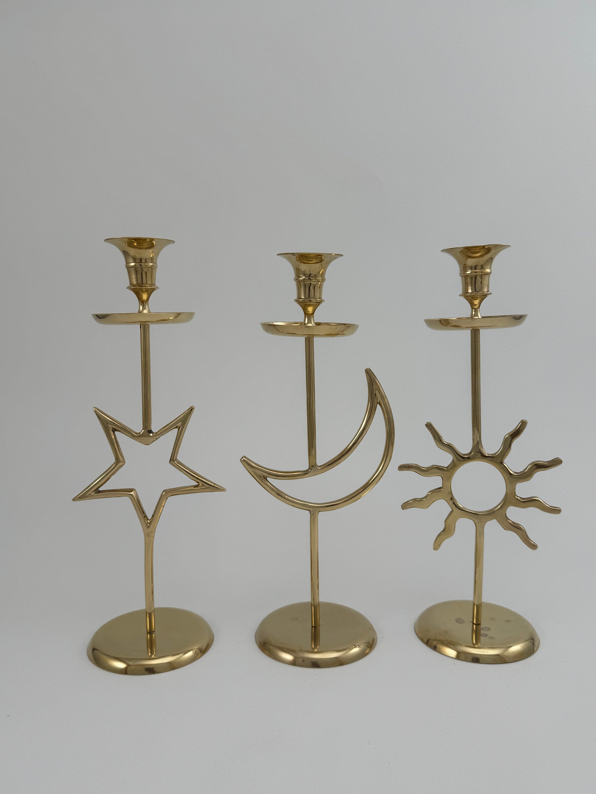 Vintage Brass Sun, Moon &amp; Star Candlestick Trio – Celestial Mid-Century Modern Candle Holders
