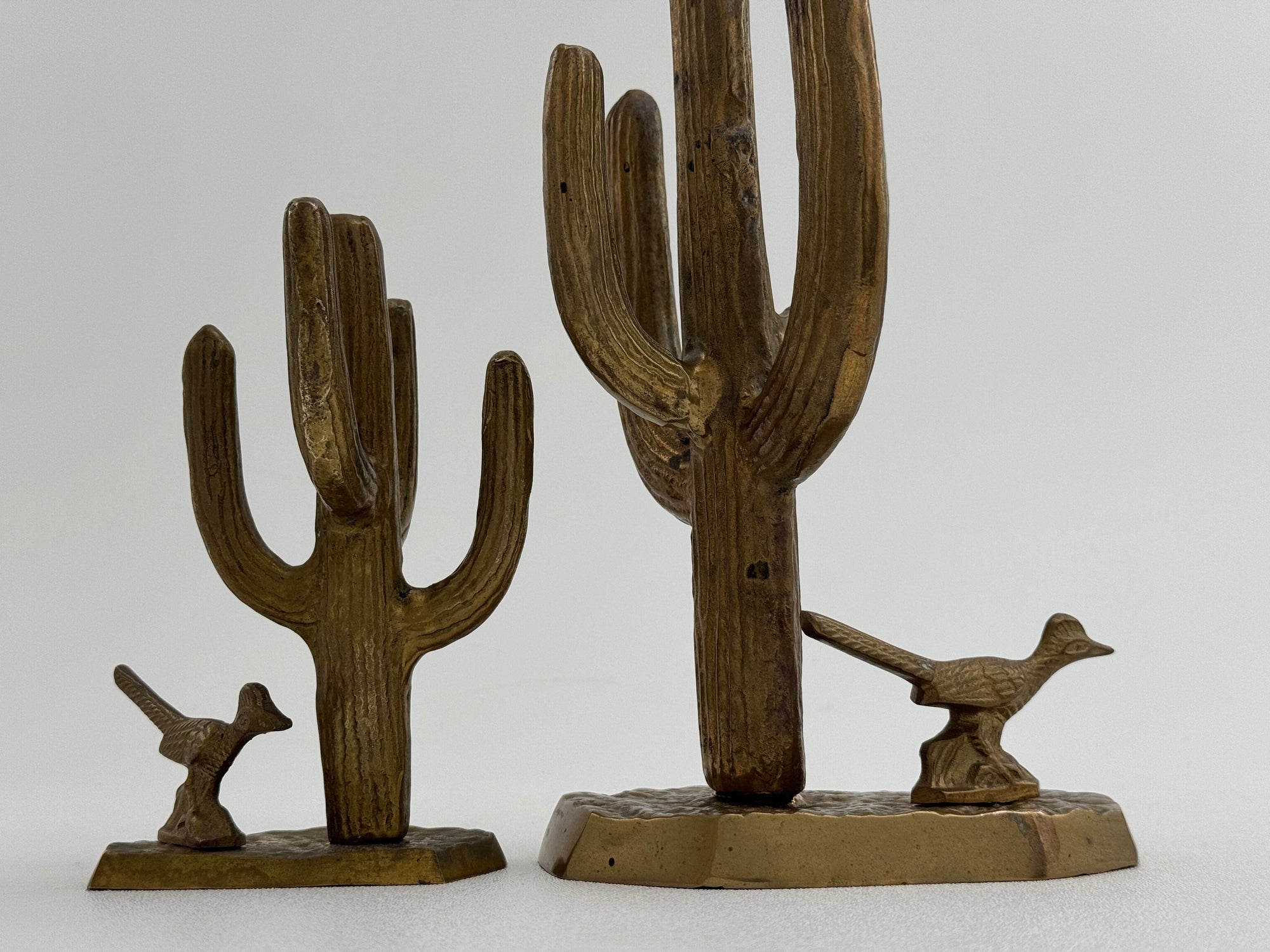 Vintage Brass Saguaro Cactus &amp; Roadrunner — Pair (Set of 2)