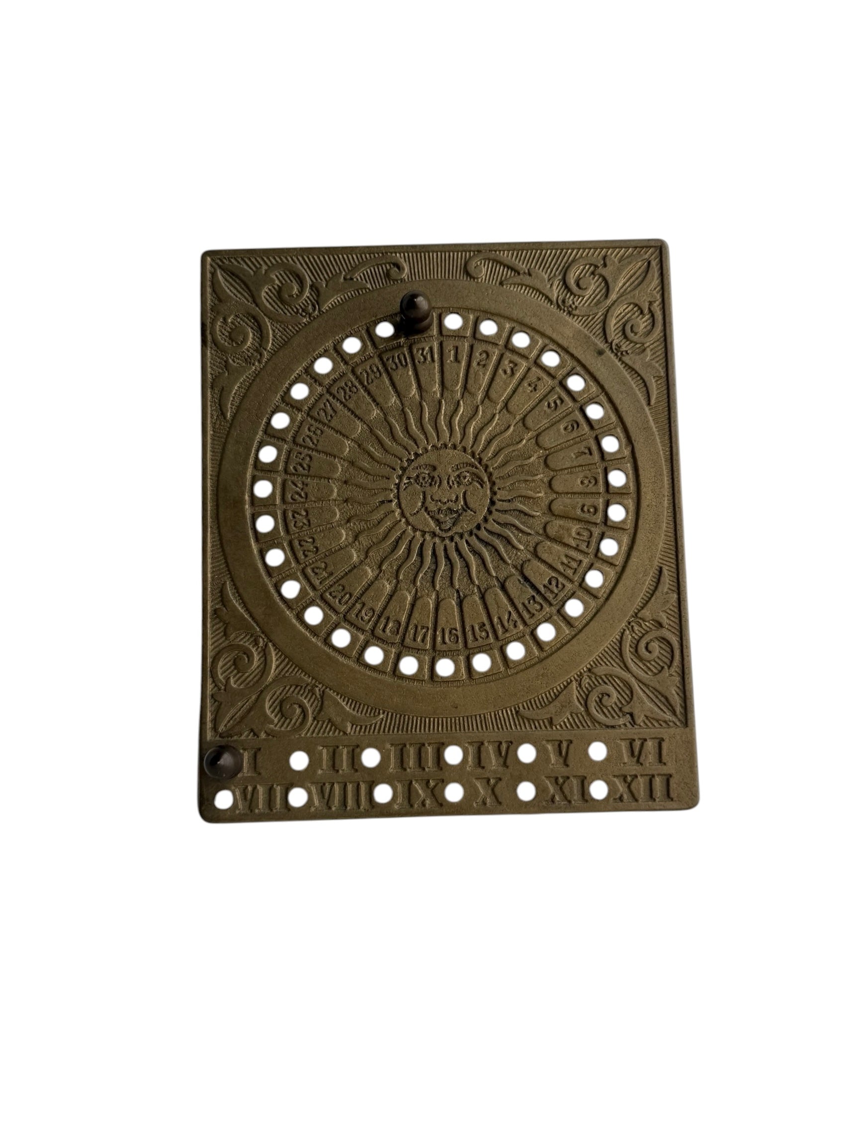 Vintage Brass Sundial Desk Calendar with Pegs