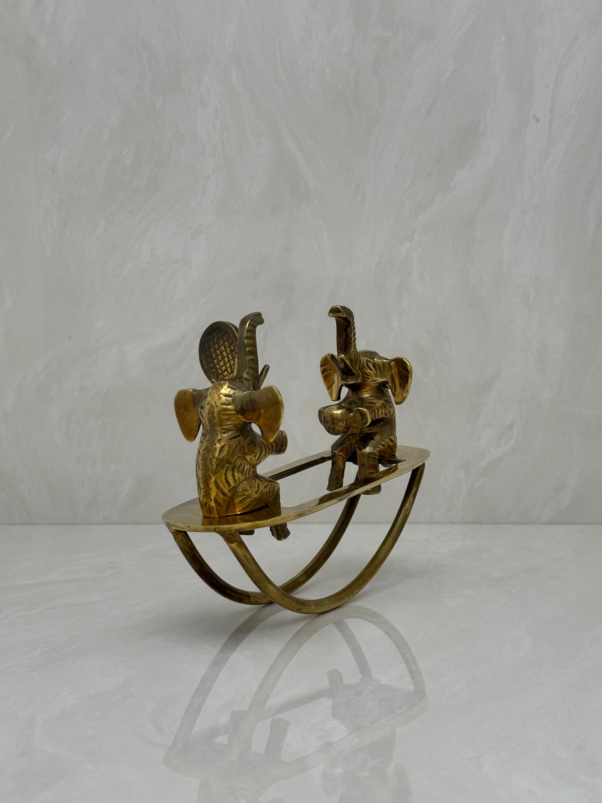 Vintage Brass Figurine of Elephants Enjoying a Tennis Match on a Teeter-Totter