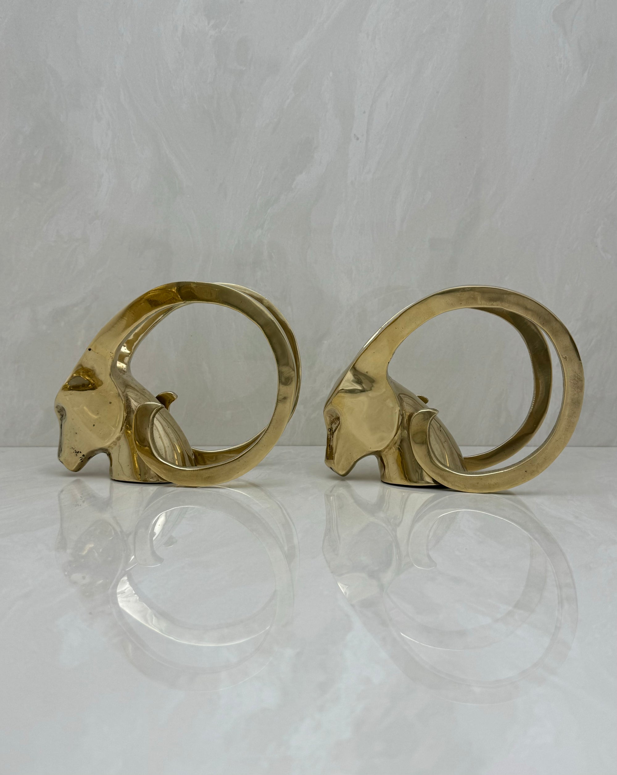 Vintage Brass Rams with Curled Horns-A Pair