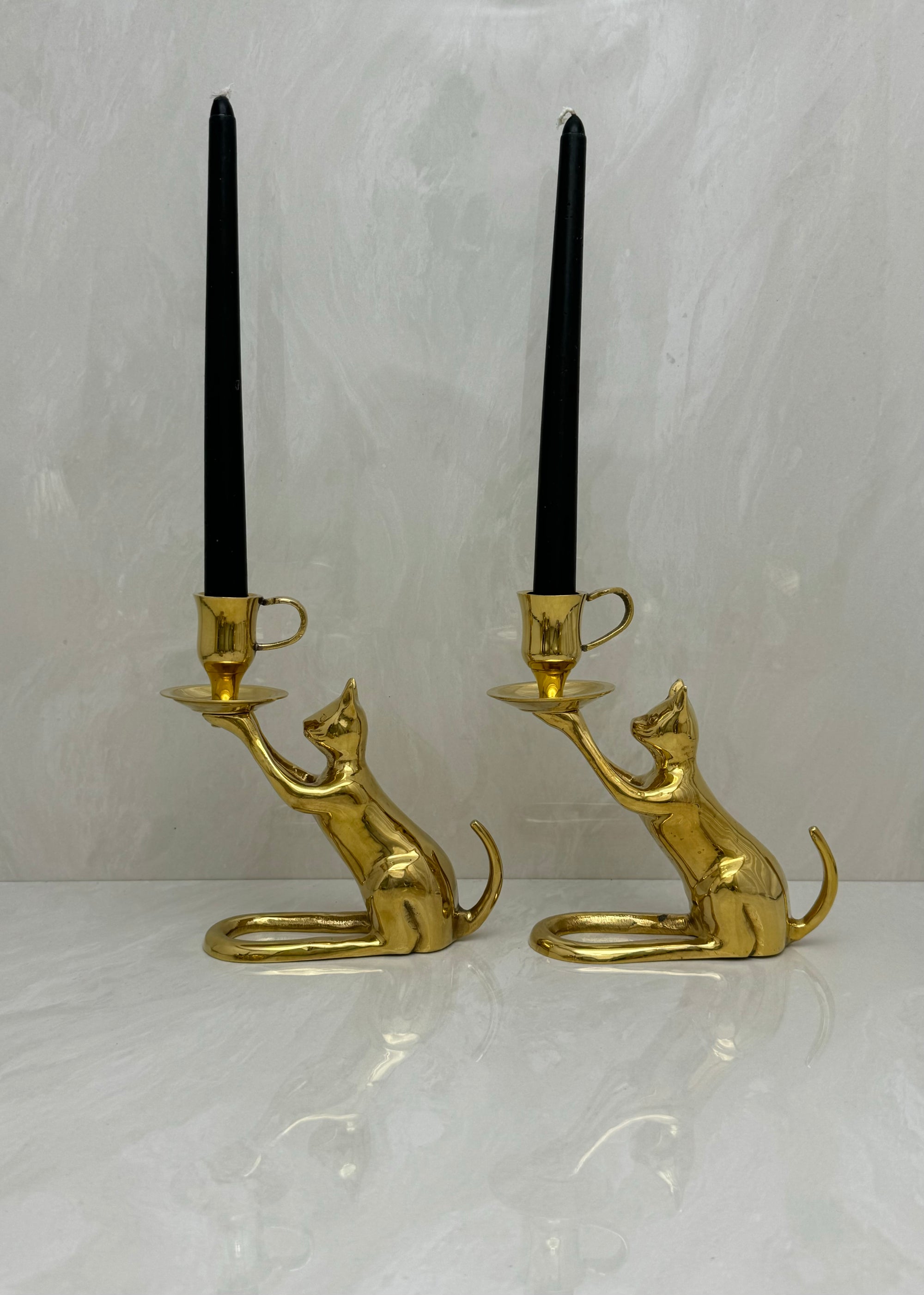 Vintage Brass Cat Candlestick Holders- A Pair