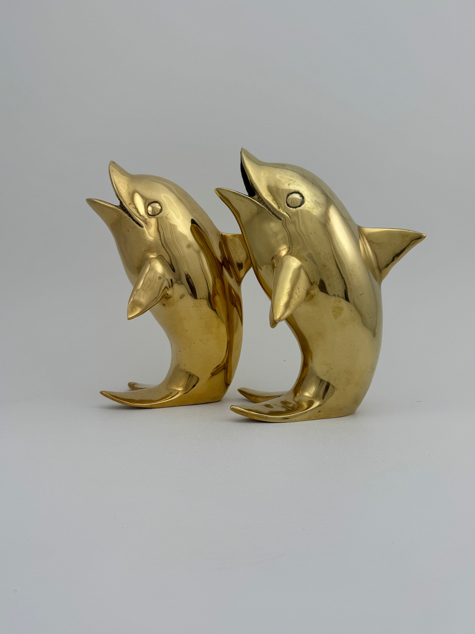 Vintage Solid Brass Dolphins – 10” Coastal Wishing Vessels/Coin Banks-A Pair