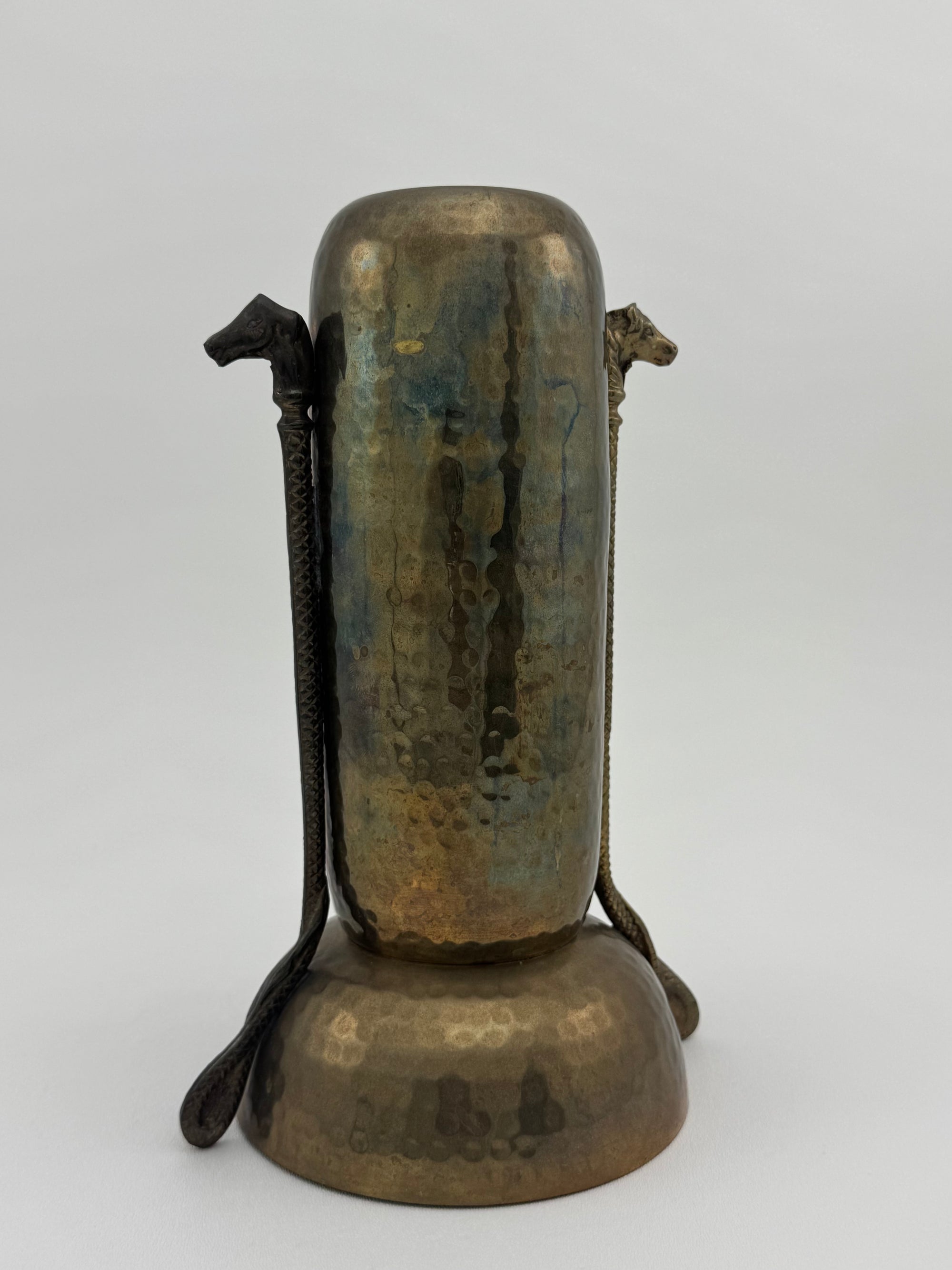 Vintage Brass Hammered Vase With Horse Head Handles