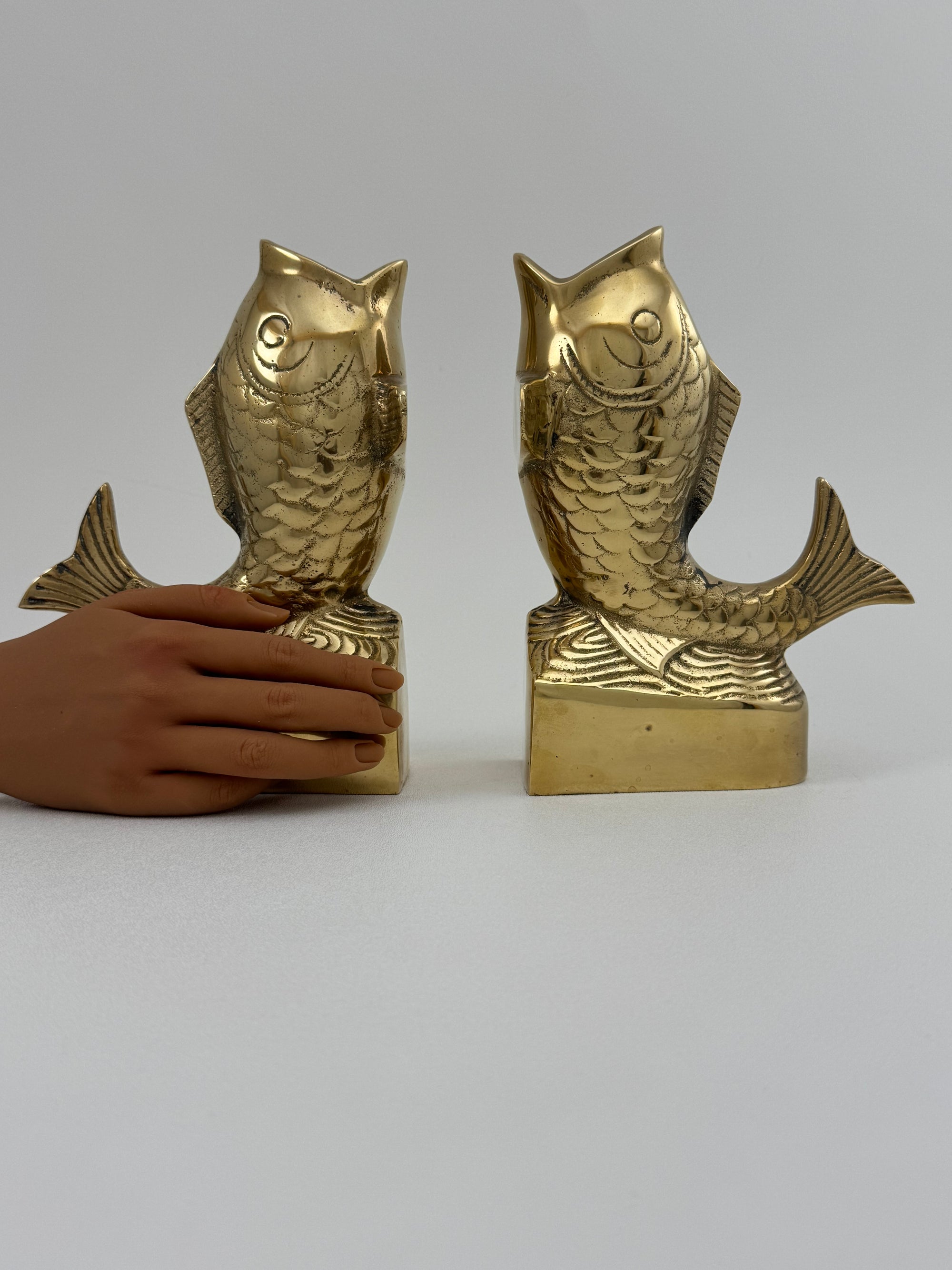 Vintage Brass Koi Fish Bookends | Mid Century Modern Fish Vases | Hollywood Regency Coastal Decor – Pair